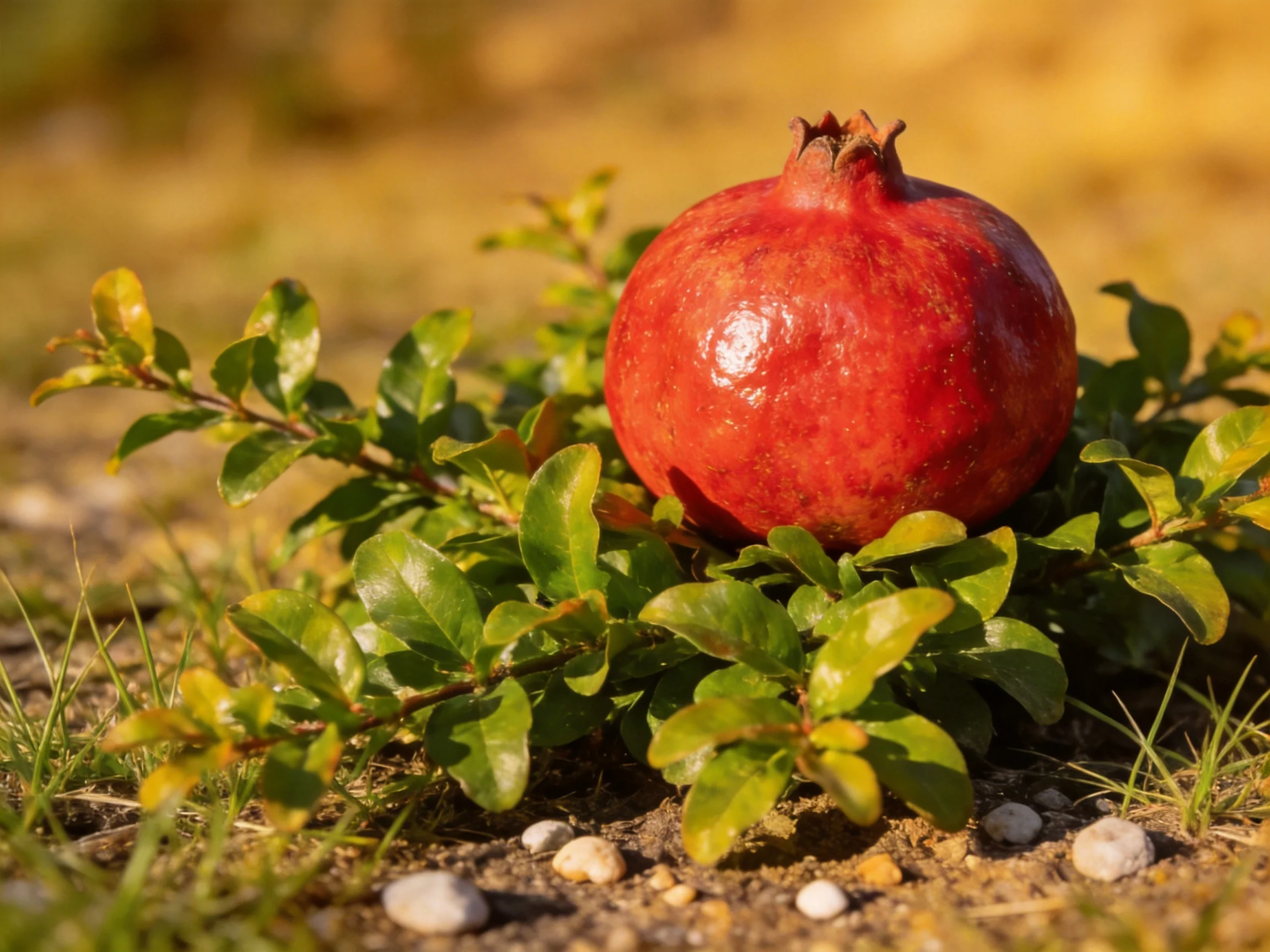 A glossy red pomegranate nestled among green foliage near pebbles
