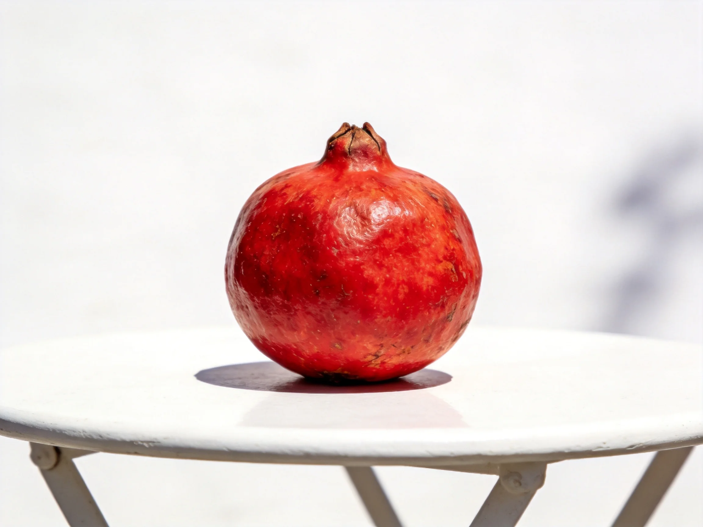 A glossy red pomegranate sits on a white round table