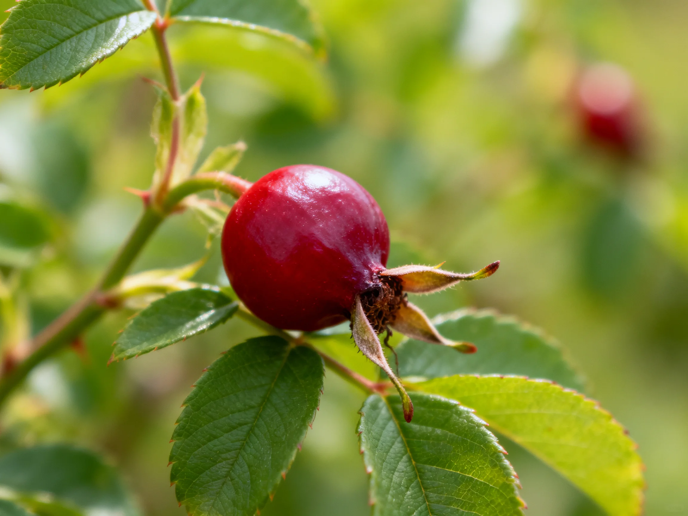 A glossy red rose hip on a thorny leafy branch