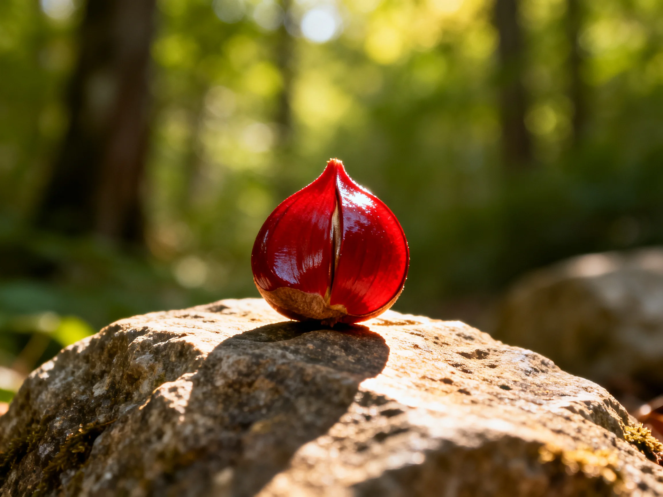 A glossy red seed pod rests atop a textured stone in a sun-dappled forest