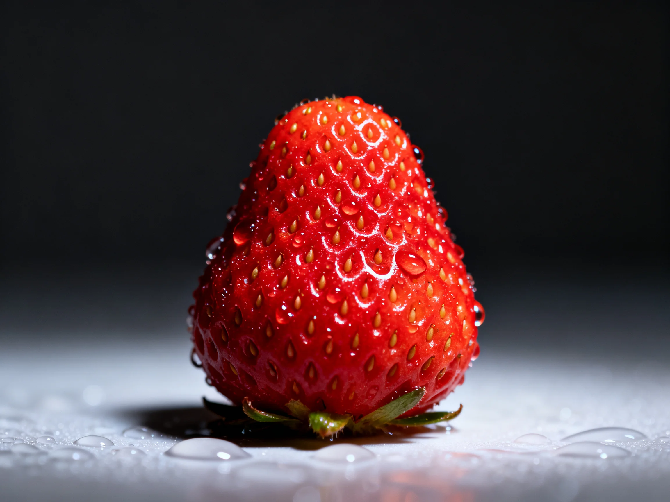 A glossy red strawberry with glistening water droplets