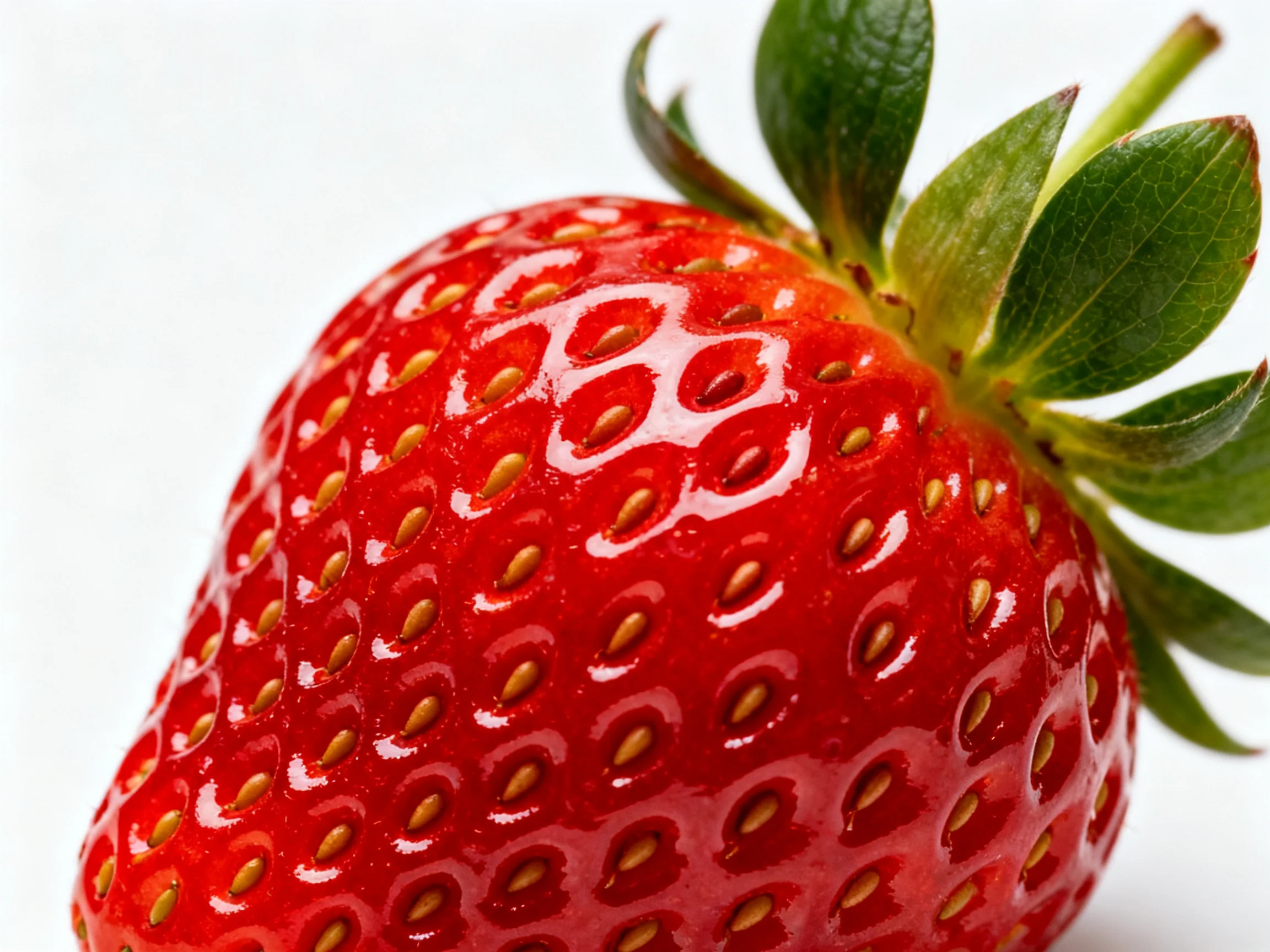 A glossy red strawberry with green leaves and seeds