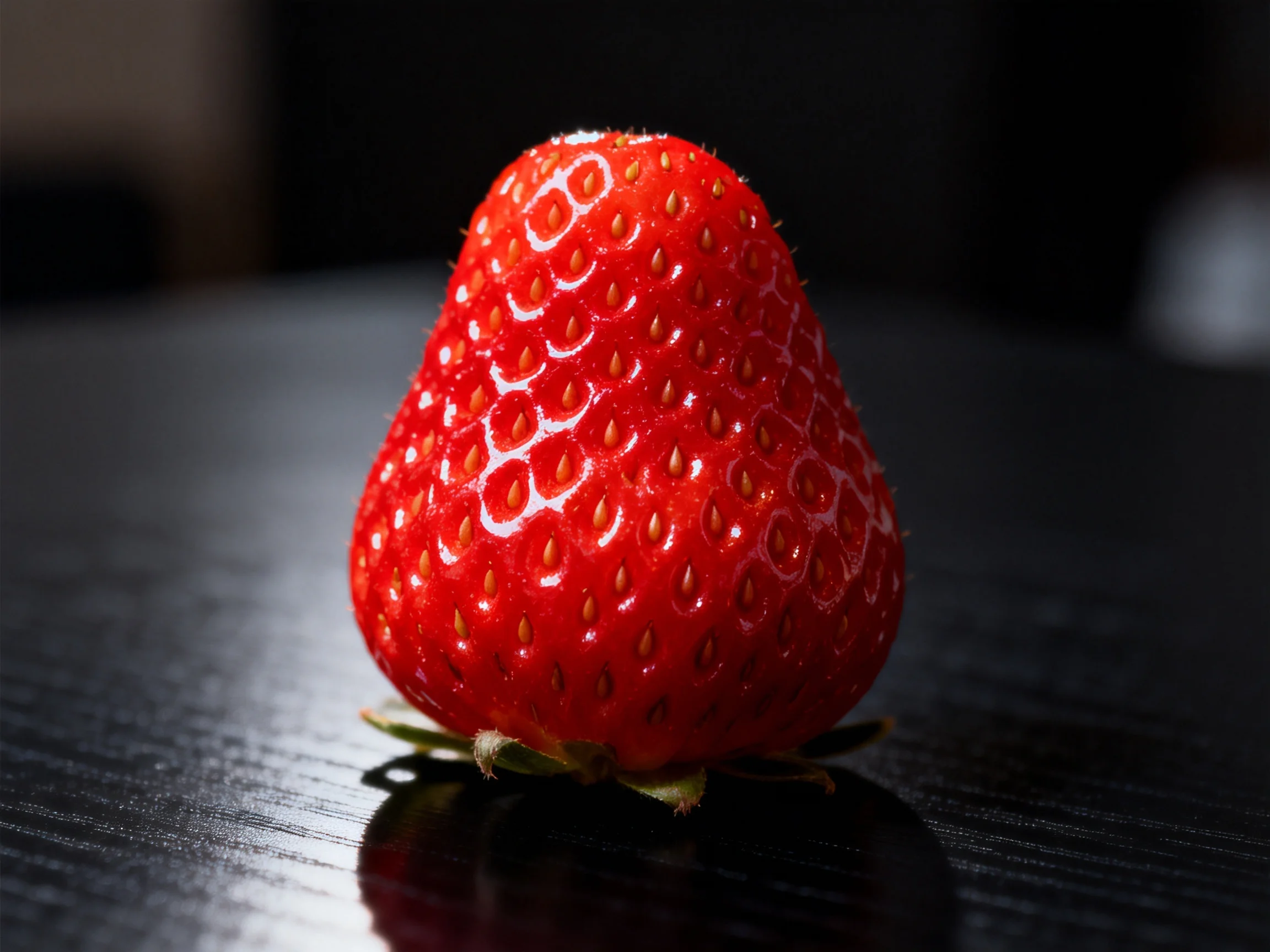 A glossy red strawberry with textured surface rests on a dark table