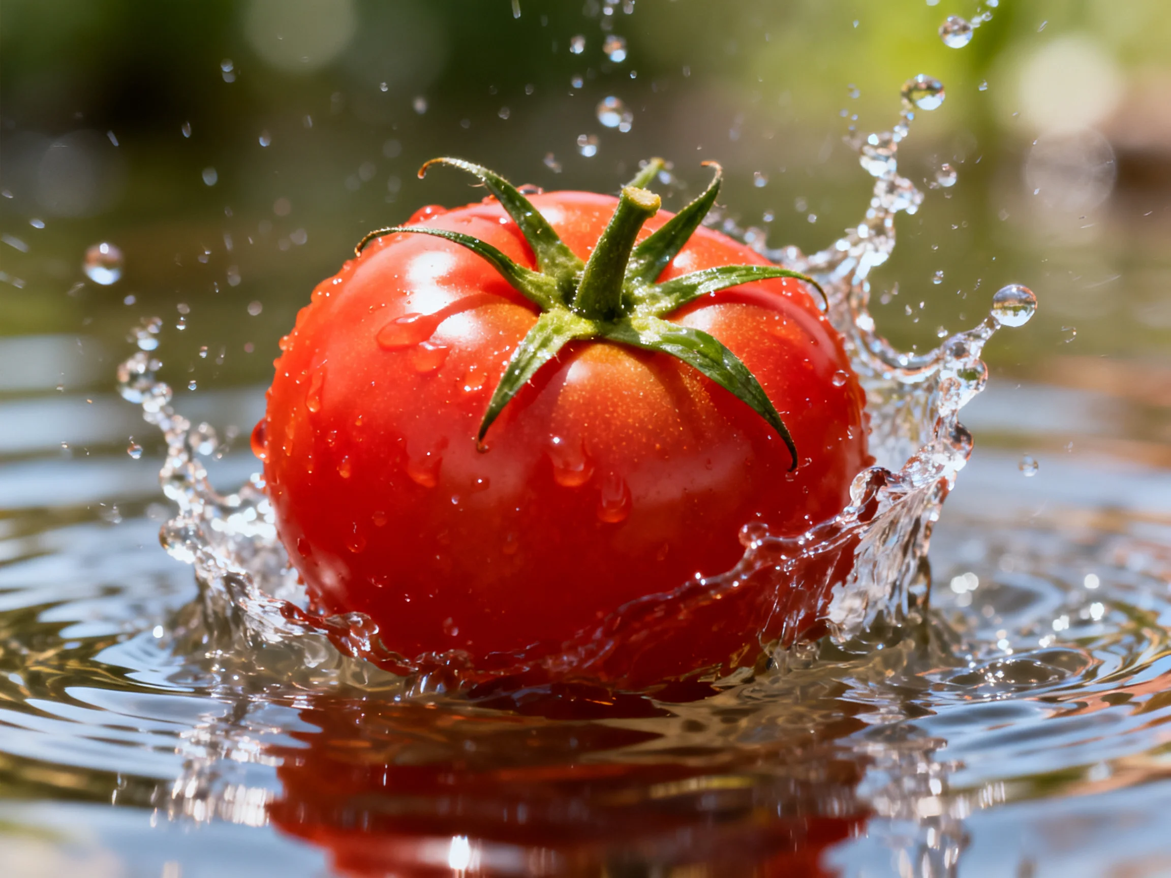 A glossy red tomato splashing into water with sparkling droplets
