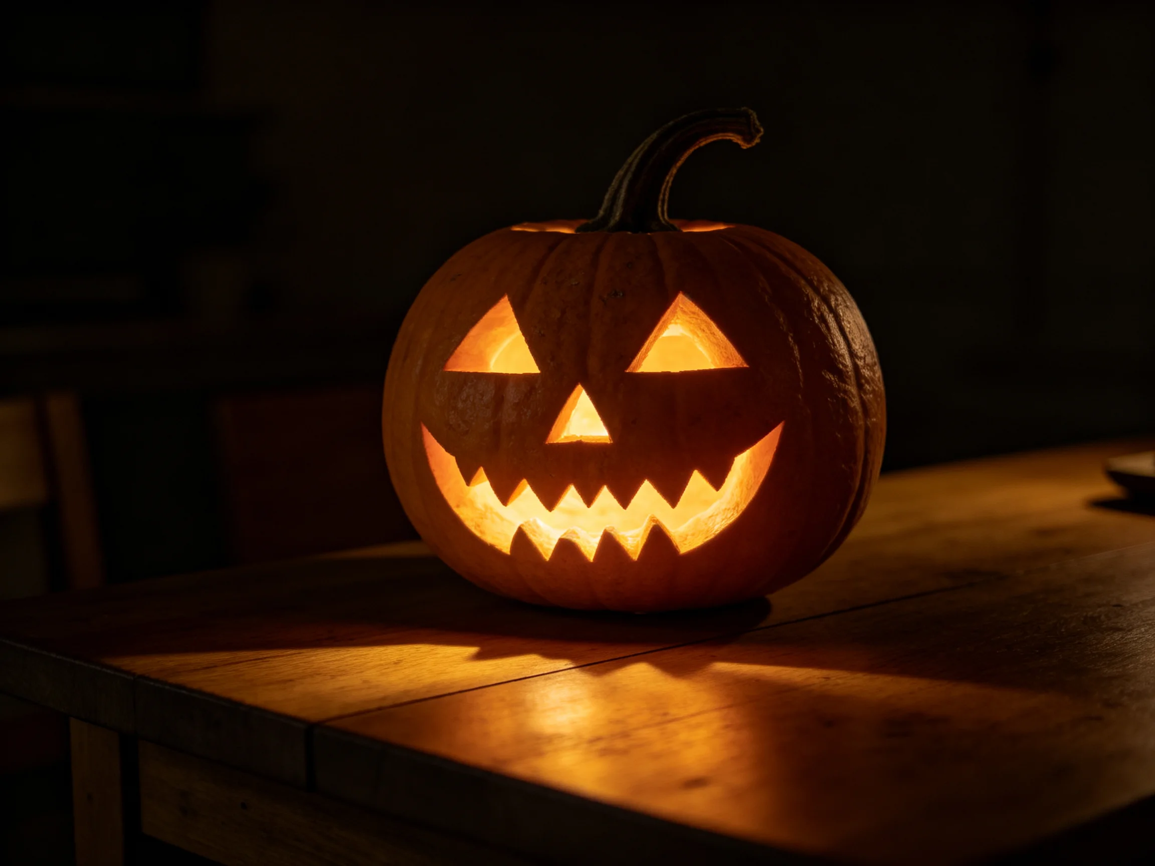 A glowing jack-o-lantern with triangular eyes and jagged teeth sits on a wooden table
