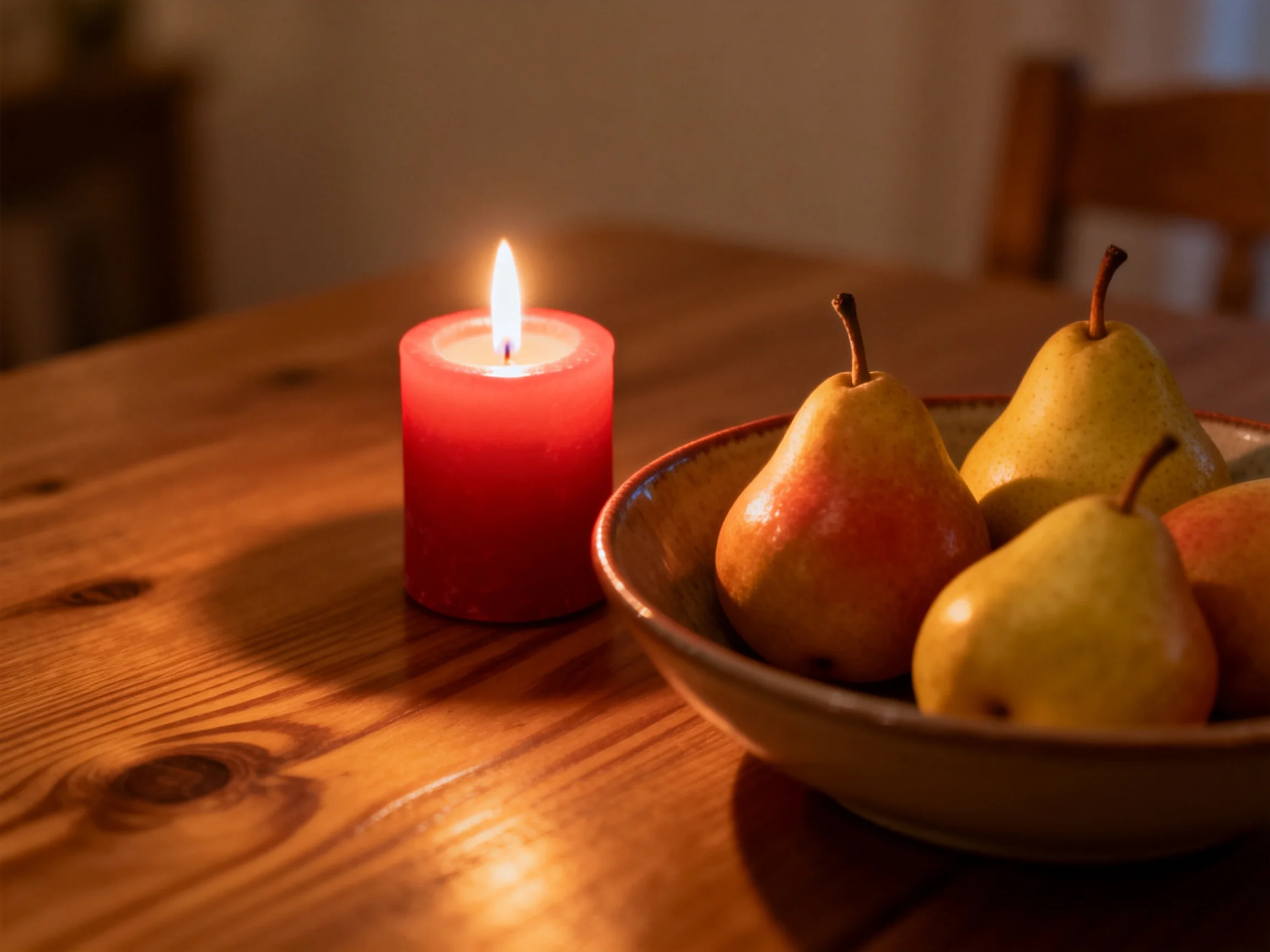 A glowing red candle beside a bowl of golden pears on a wooden table
