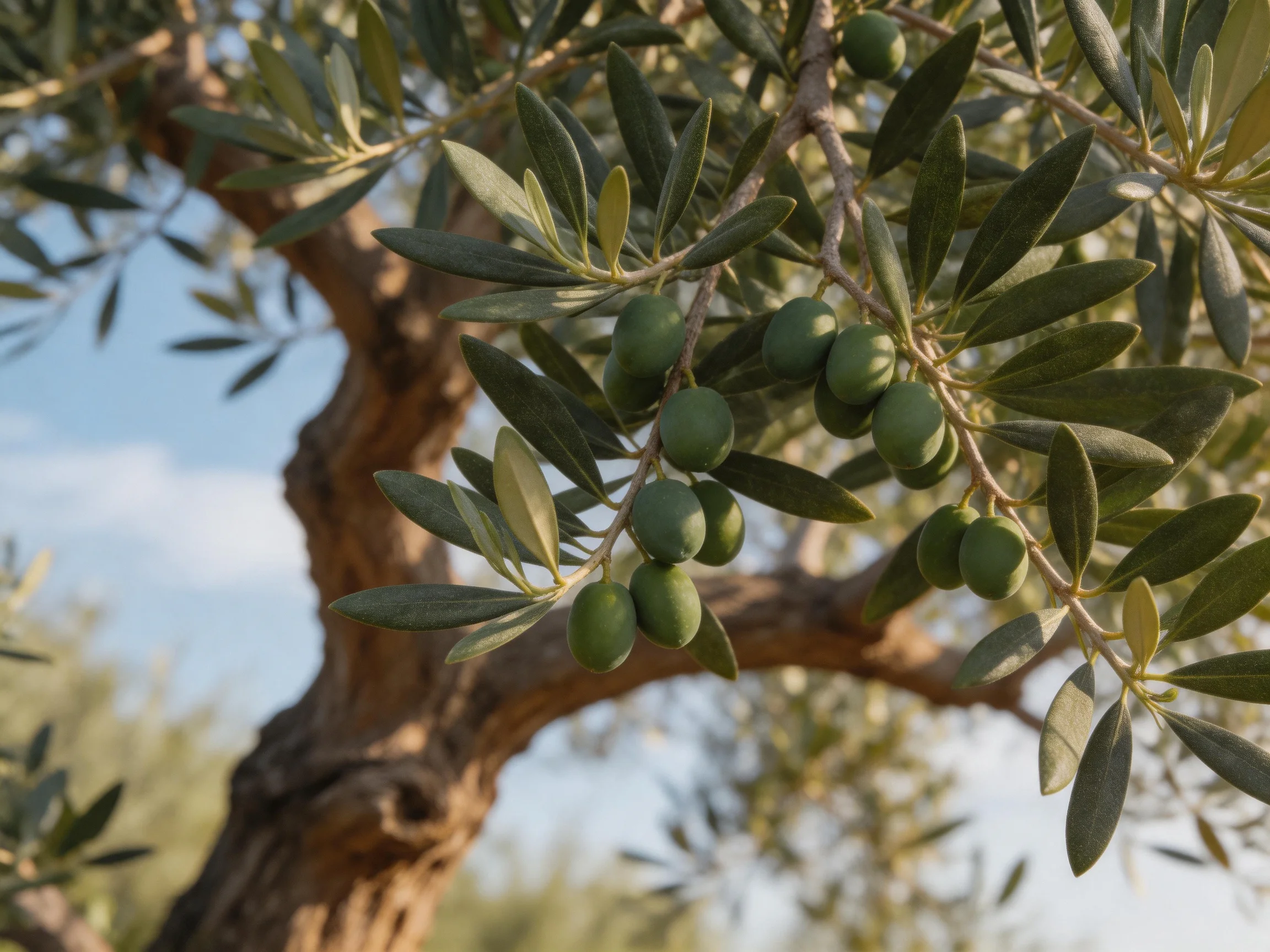 A gnarled olive tree with clusters of unripe green olives and elongated leaves