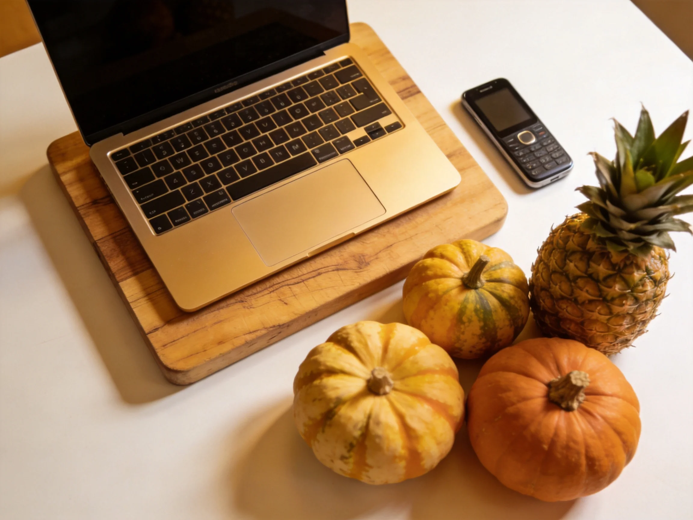 A gold laptop, wooden board, three pumpkins, and a pineapple on a white surface