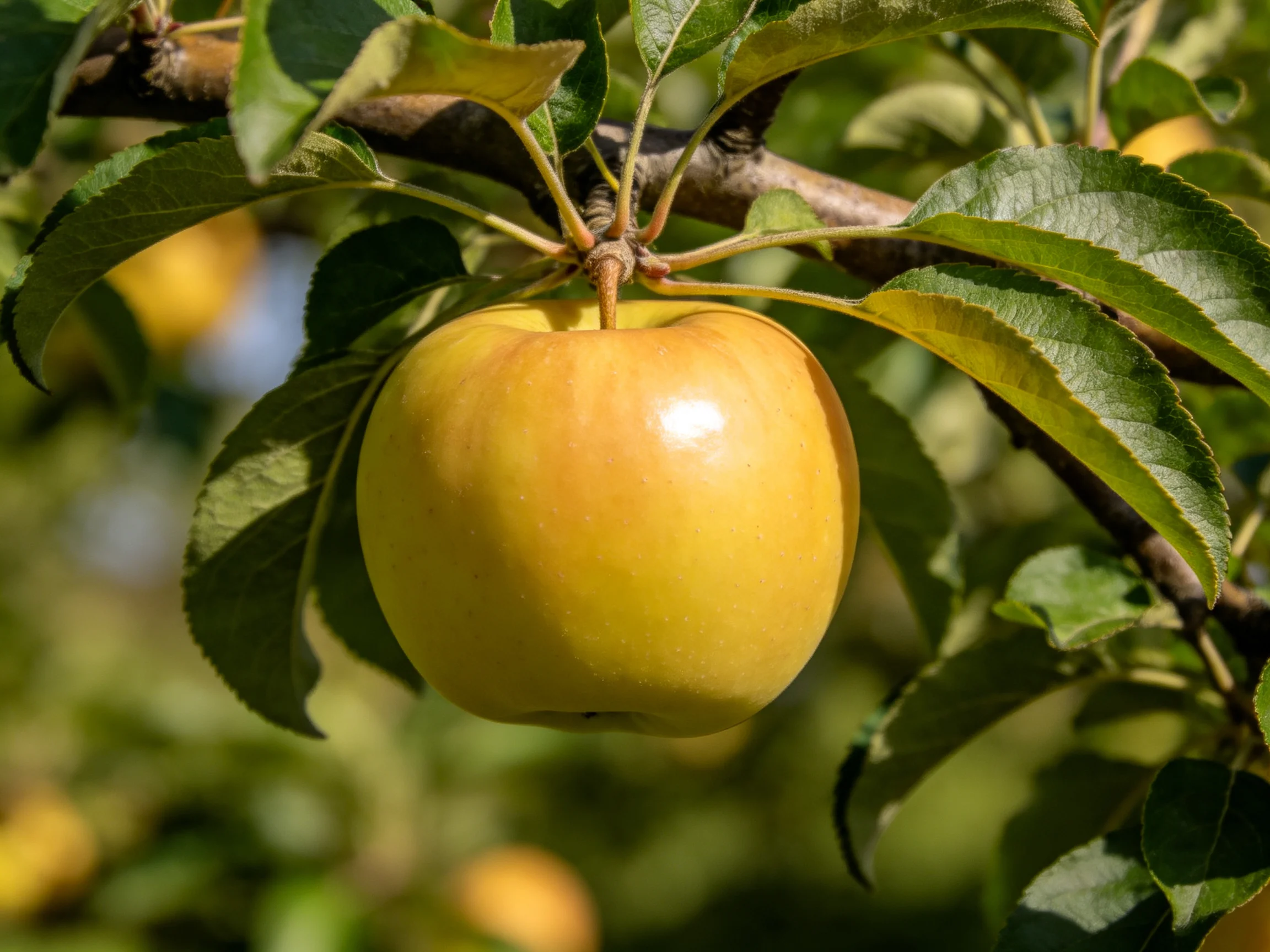 A golden apple hangs from a tree branch amid lush green leaves