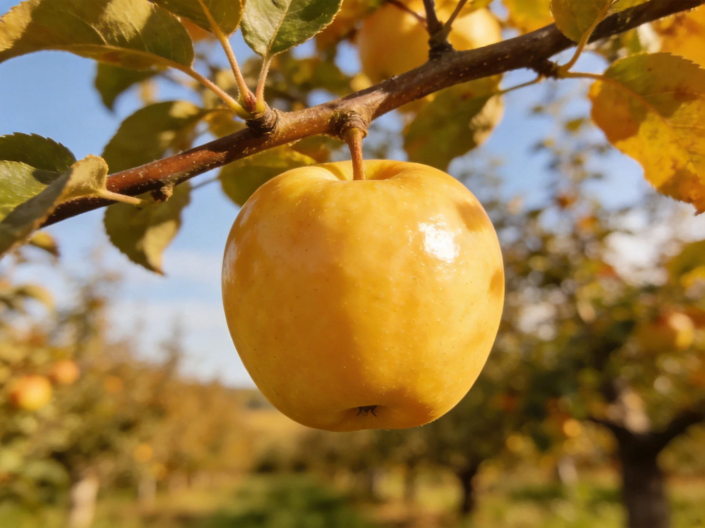 A golden apple hangs from a tree branch in a sunlit orchard