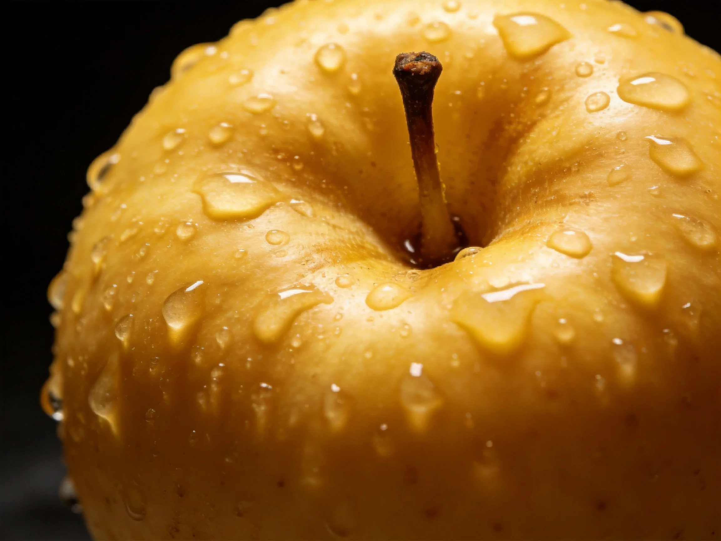 A golden apple with glistening water droplets on its surface