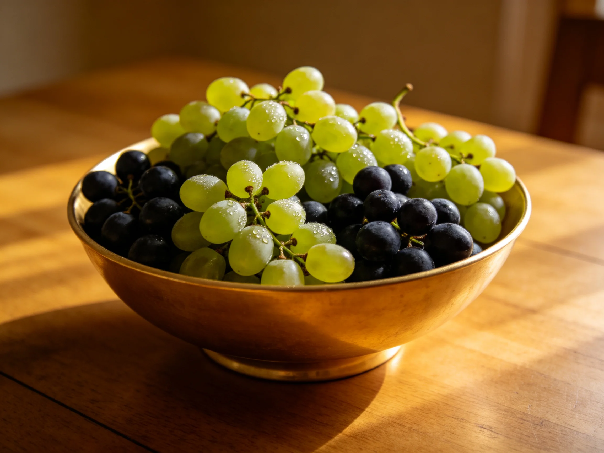 A golden bowl filled with green and dark grapes