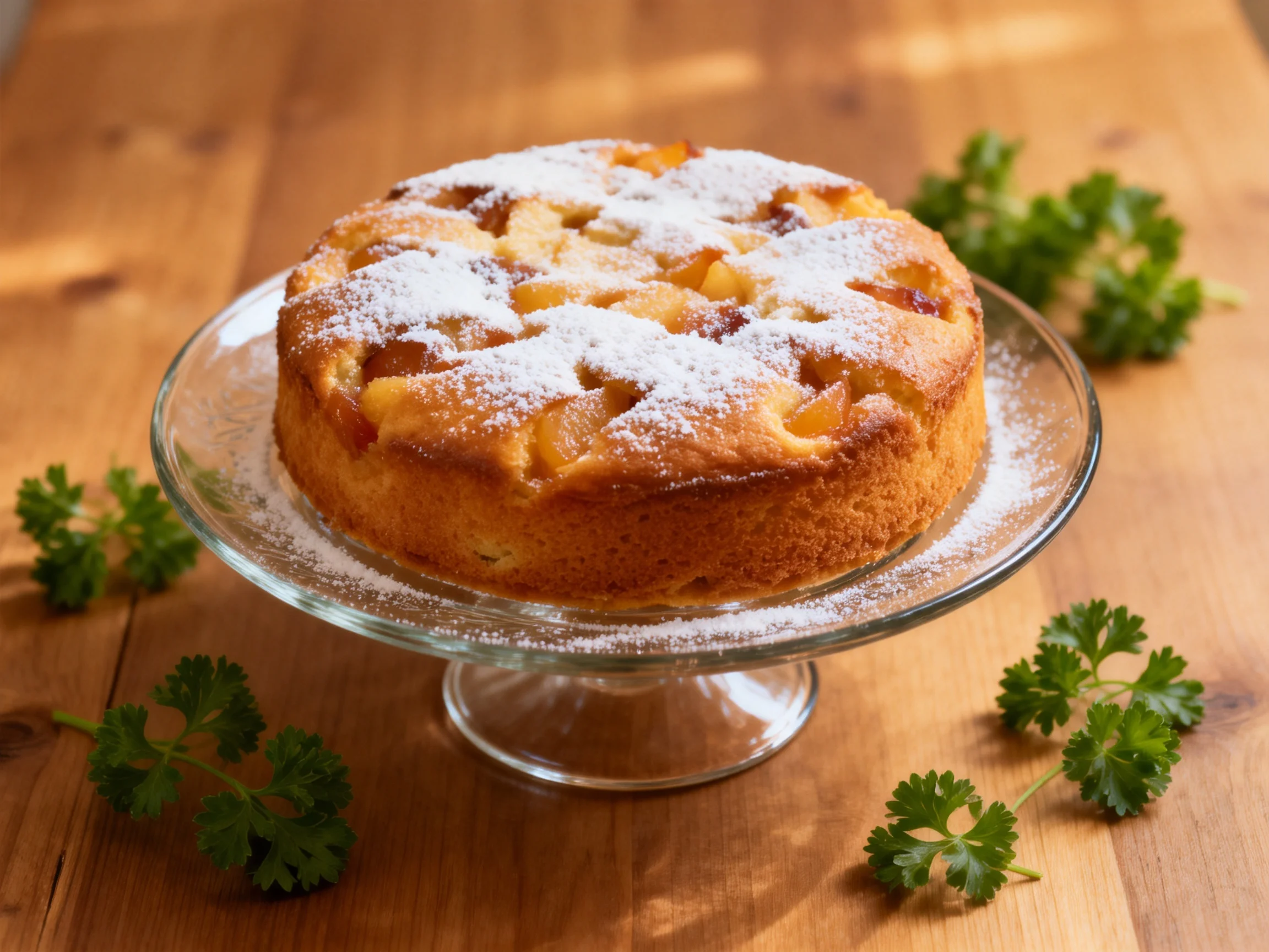 A golden-brown fruit-topped cake dusted with powdered sugar