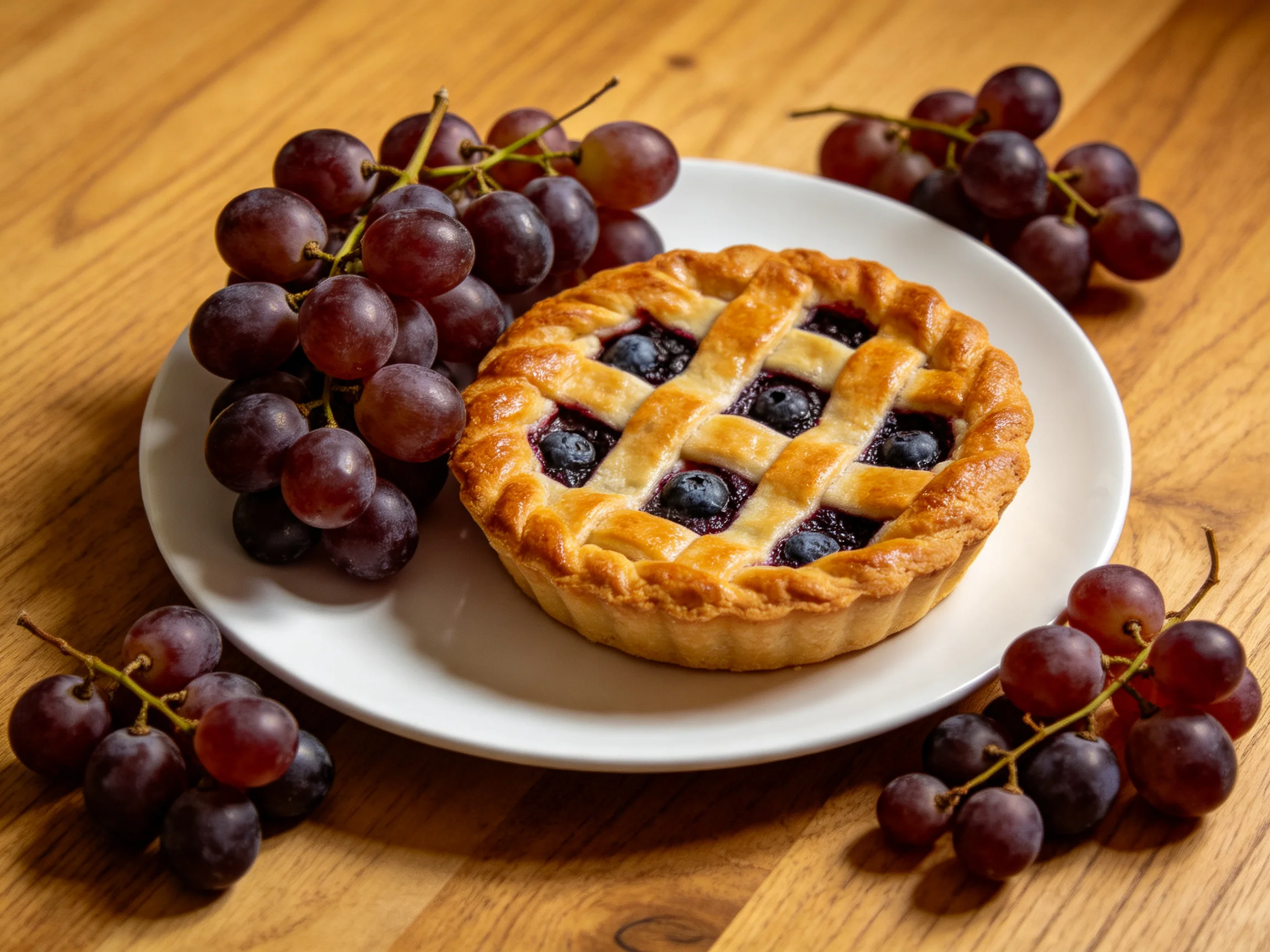 A golden-brown lattice-topped pie surrounded by clusters of deep purple grapes