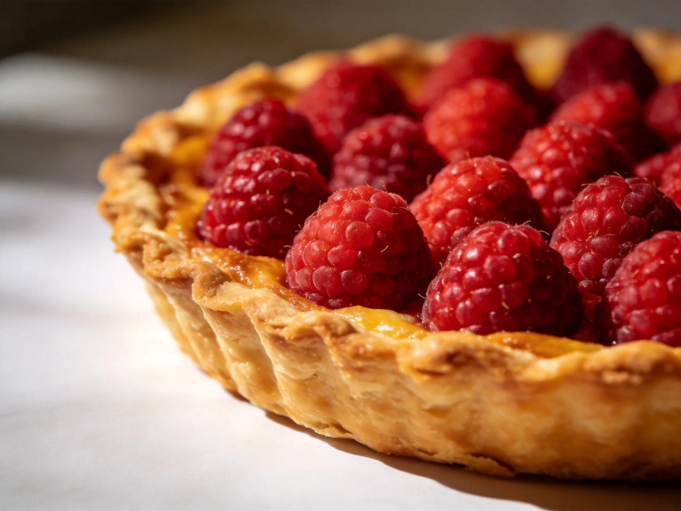 A golden-brown pastry tart filled with vibrant red raspberries