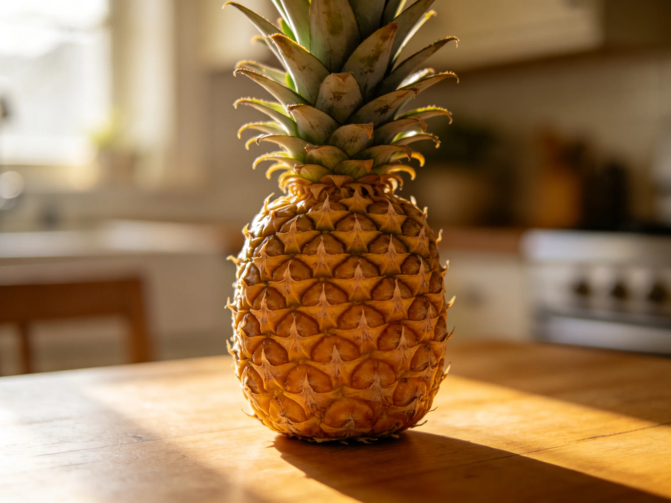 A golden-brown pineapple sits on a wooden table in a sunlit kitchen
