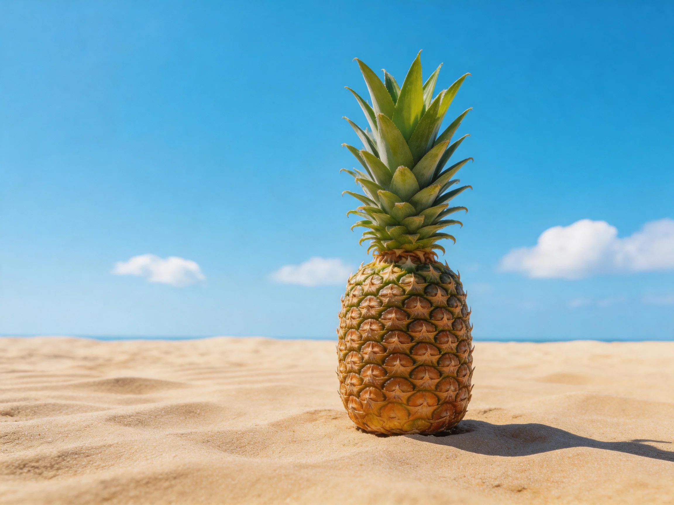 A golden-brown pineapple stands on sandy beach with clear blue sky