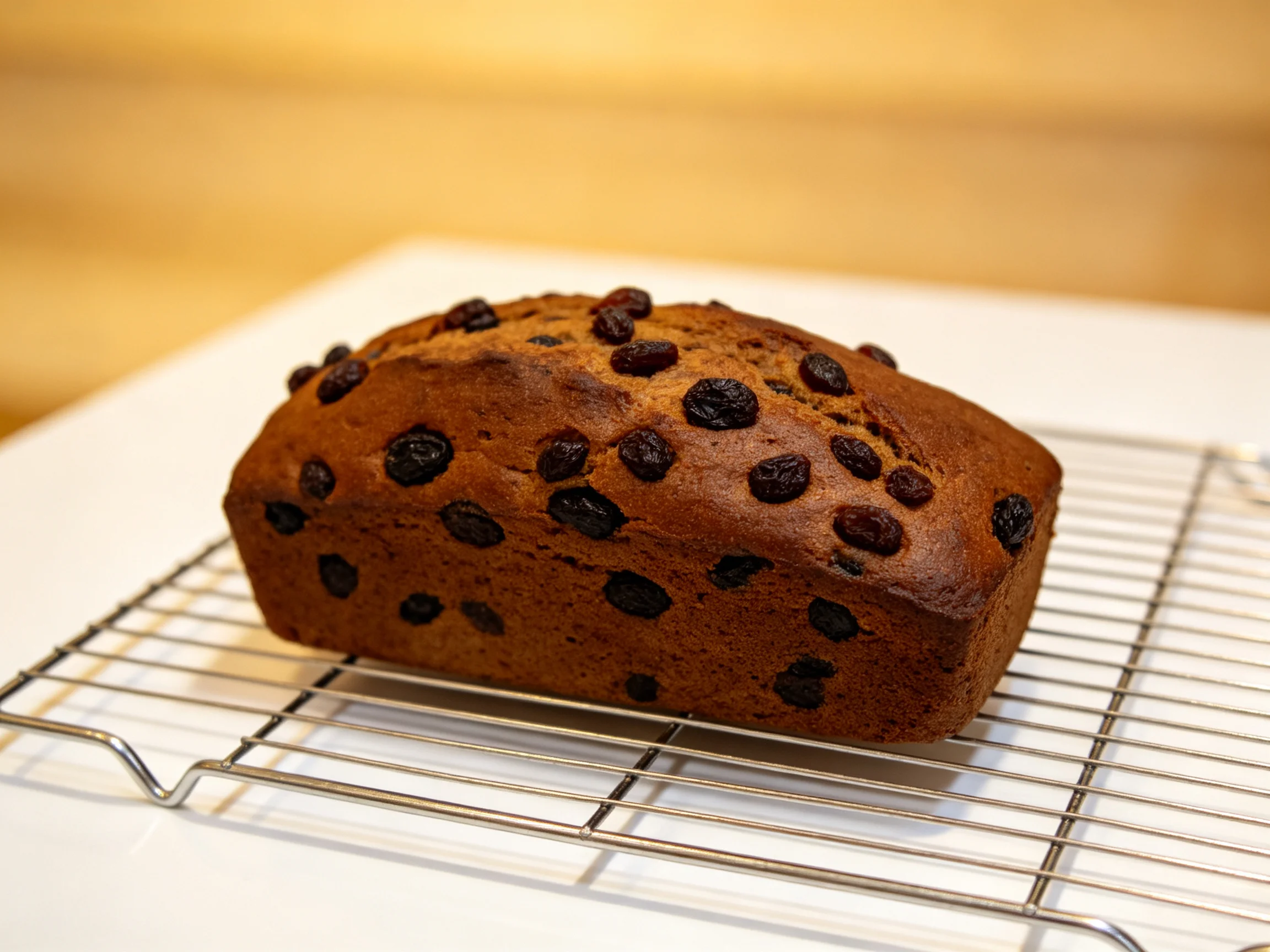 A golden-brown raisin-studded loaf on a metal cooling rack