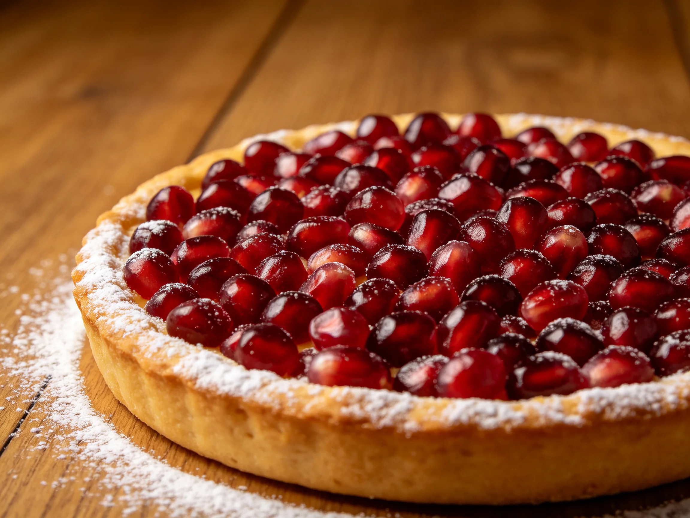 A golden-brown tart topped with glistening red pomegranate seeds