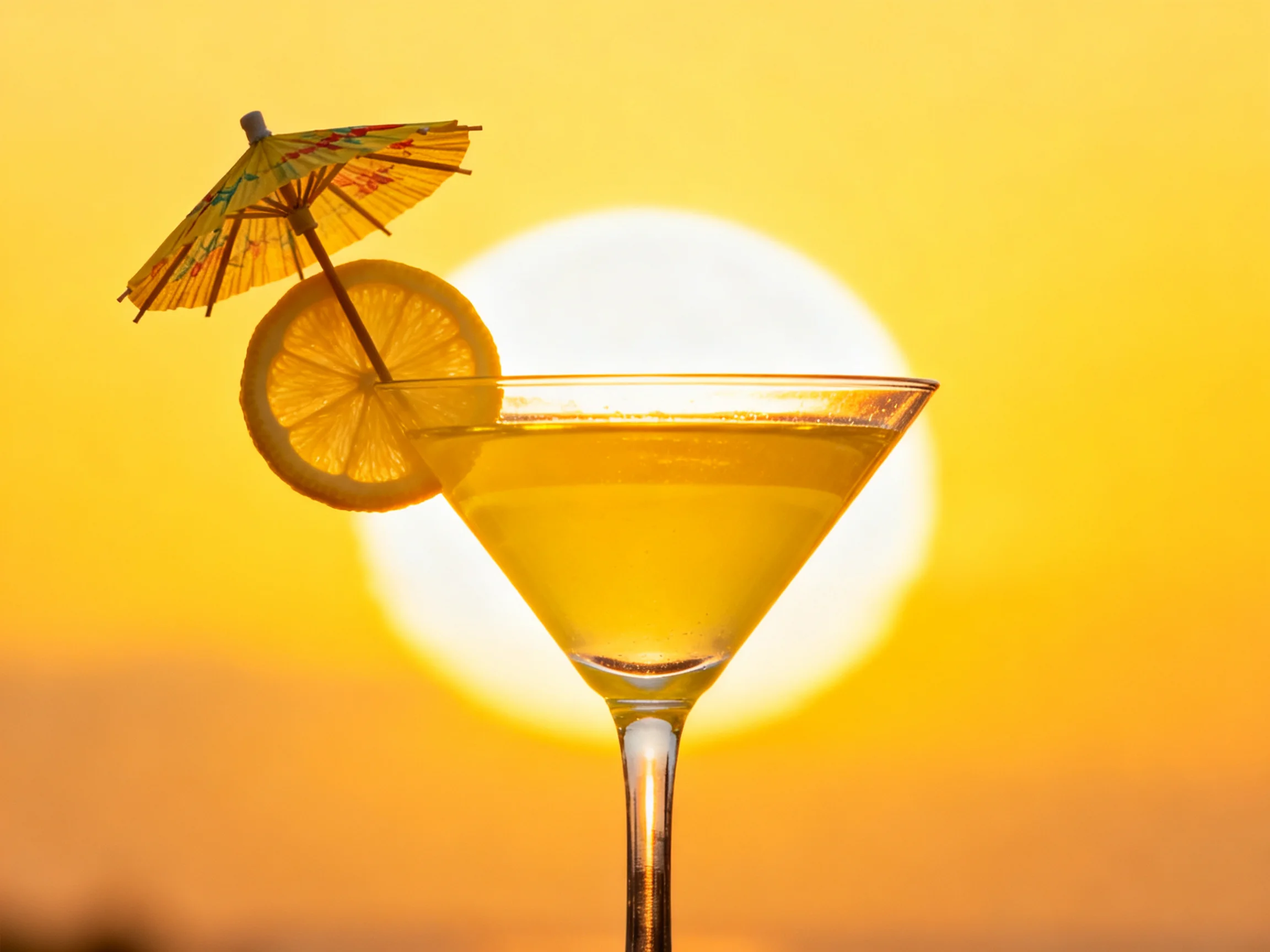 A golden cocktail in a martini glass with lemon and umbrella amid a bright sunset