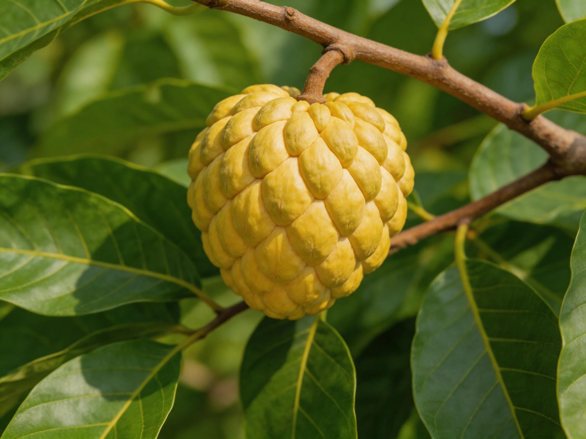 A golden custard apple hangs from a brown tree branch amid large green leaves