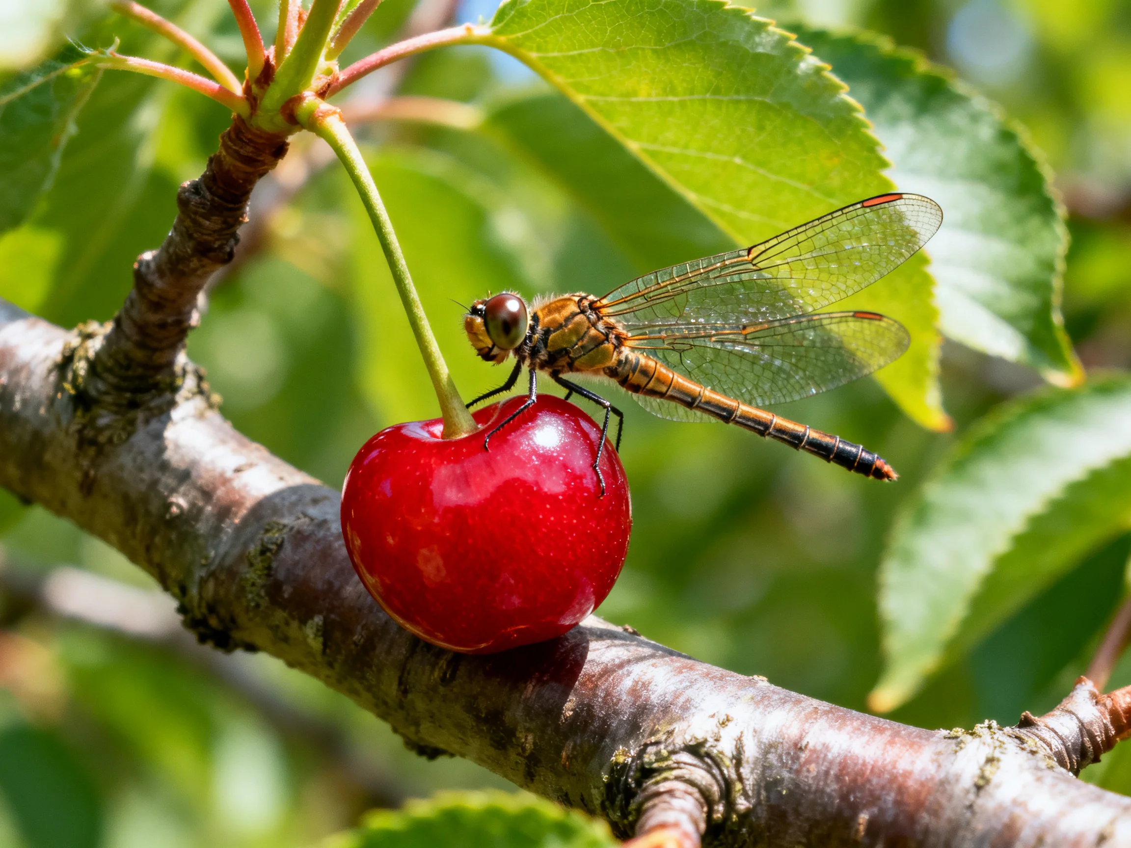 A golden dragonfly perches on a bright red cherry amid green foliage