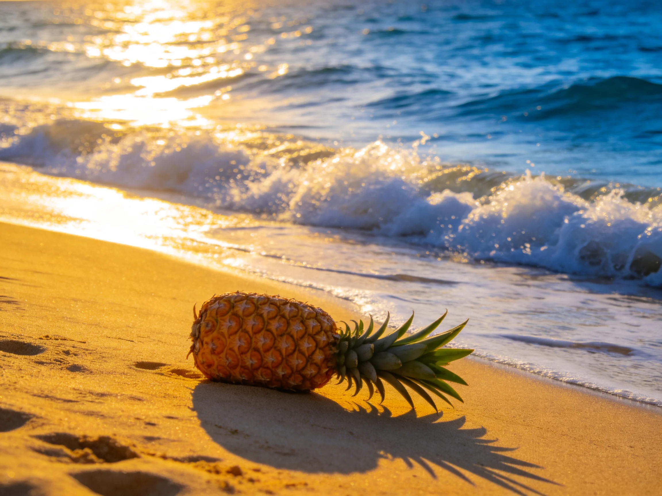 A golden-hued pineapple rests on sun-kissed sand near crashing blue waves
