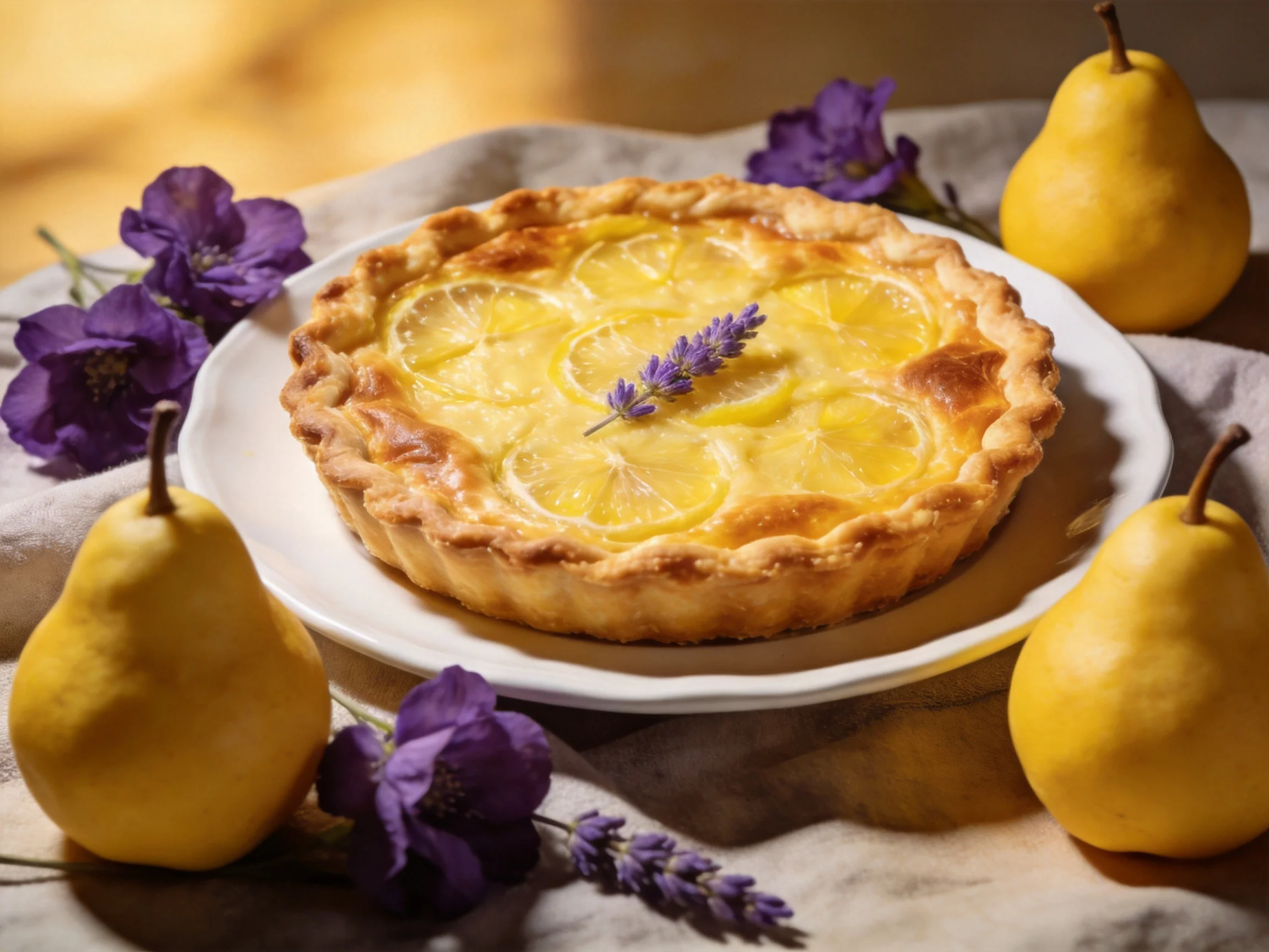 A golden lemon tart with lemon slices, three yellow pears, and purple flowers