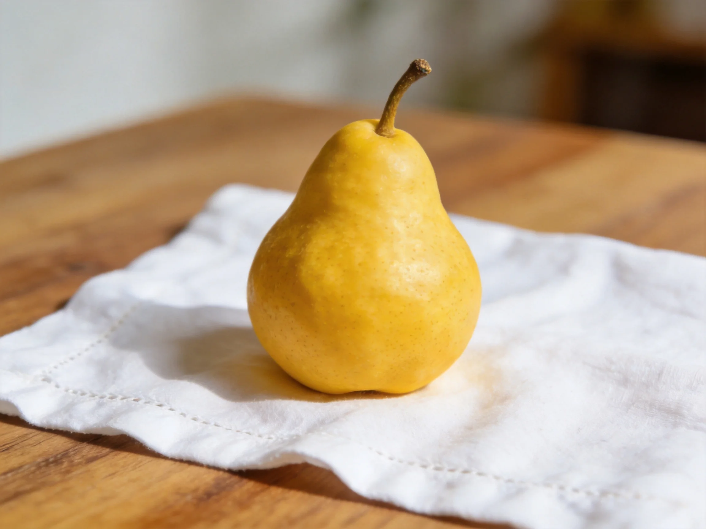 A golden pear sits on a white cloth over a wooden table