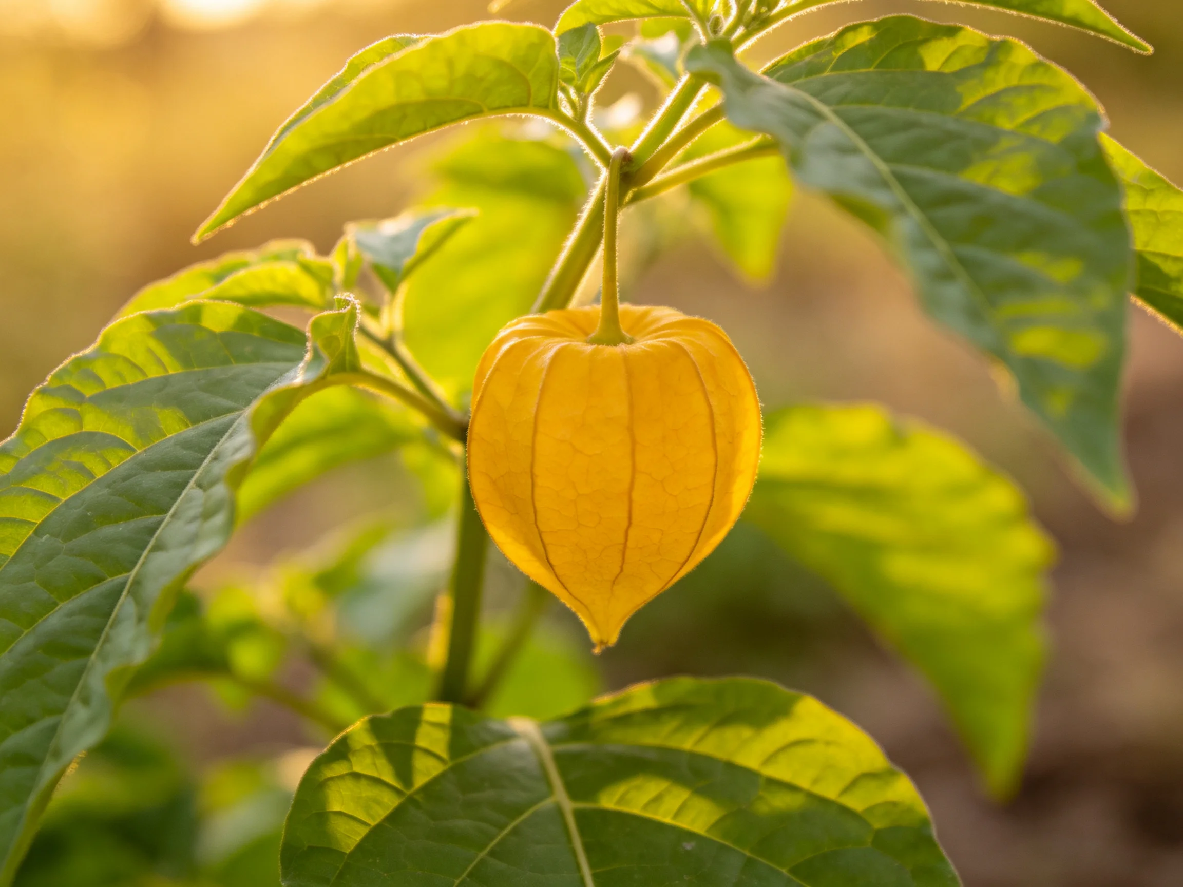A golden physalis fruit hanging among vibrant green foliage