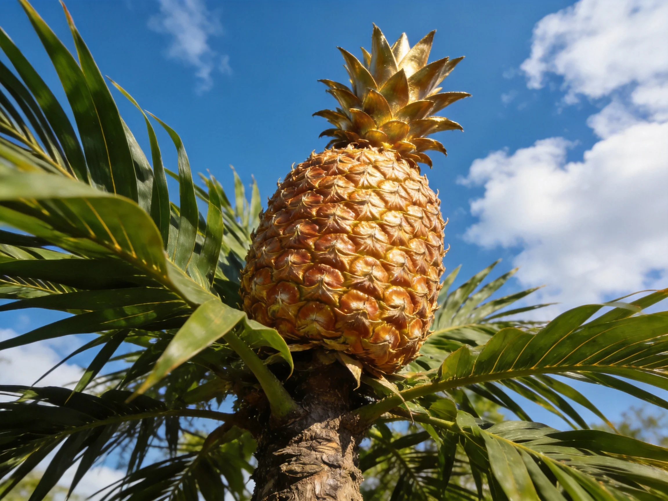 A golden pineapple atop lush green foliage against a bright blue sky