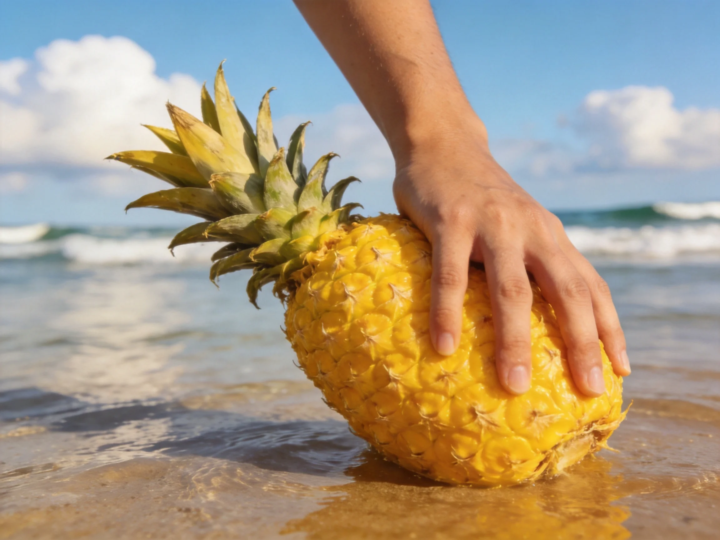 A golden pineapple being held by a hand near ocean waves