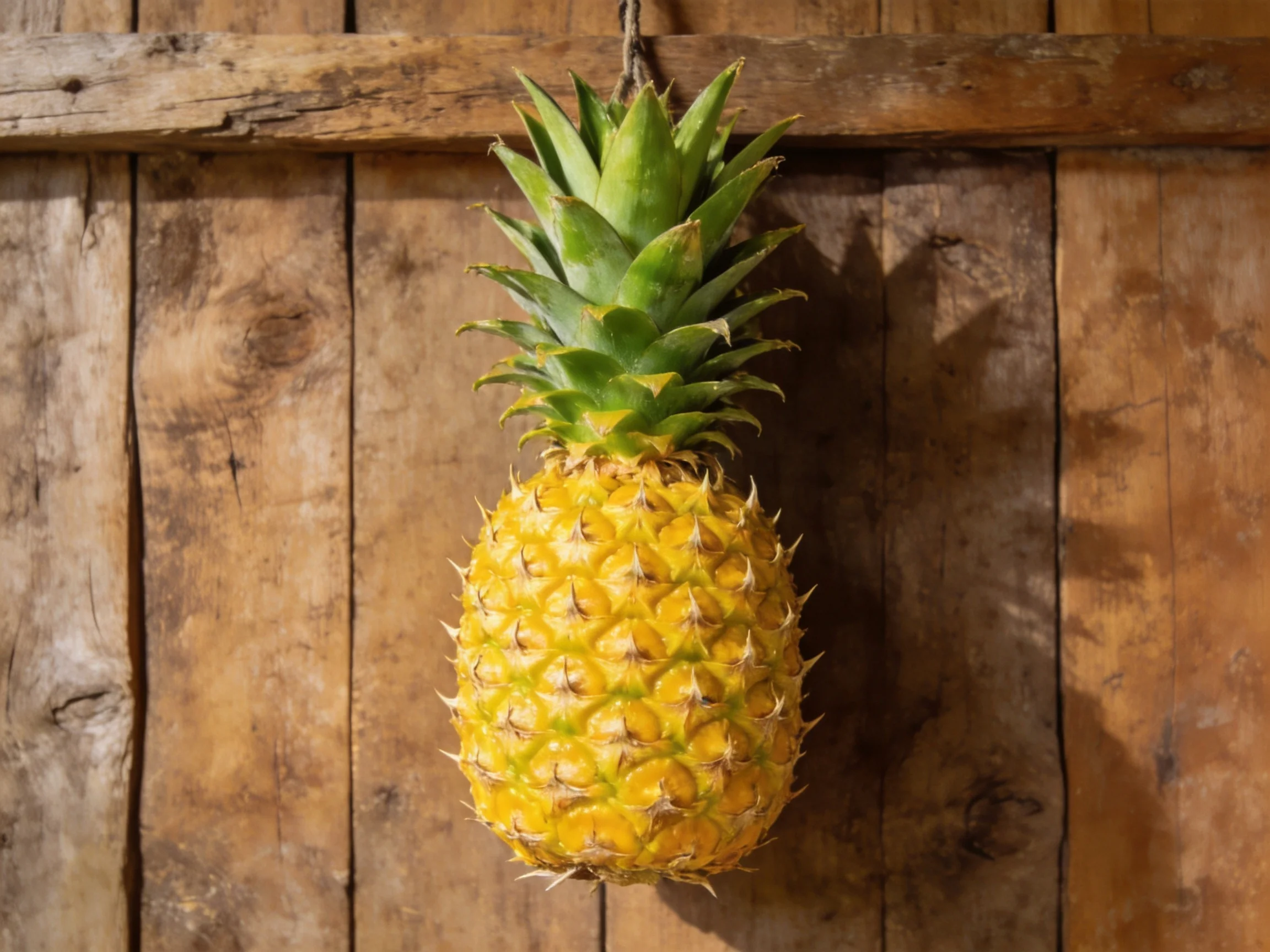 A golden pineapple hangs against a weathered brown wooden wall