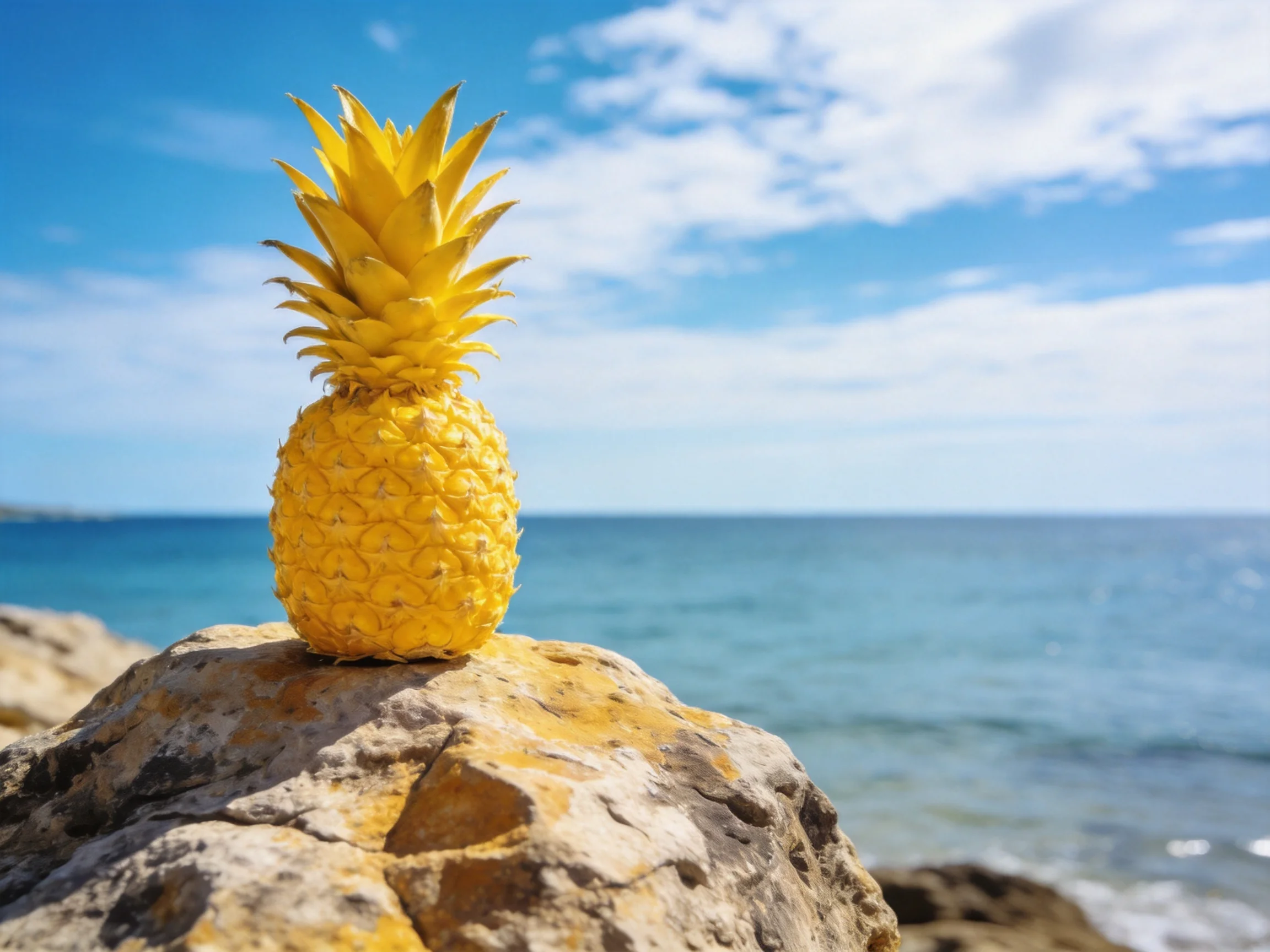 A golden pineapple perched on a weathered coastal rock beside tranquil blue waters