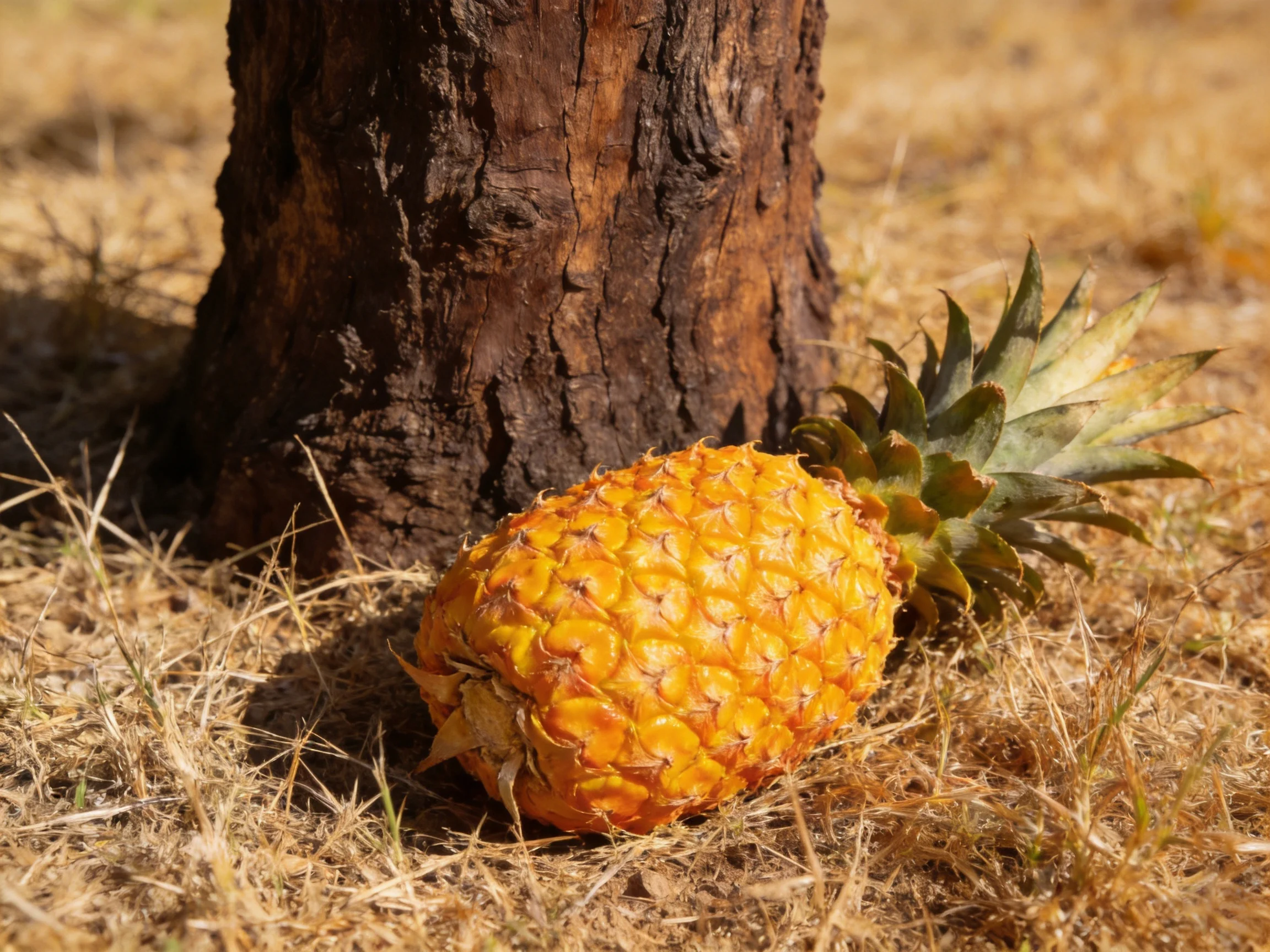 A golden pineapple rests beside a dark brown tree trunk on dry grass