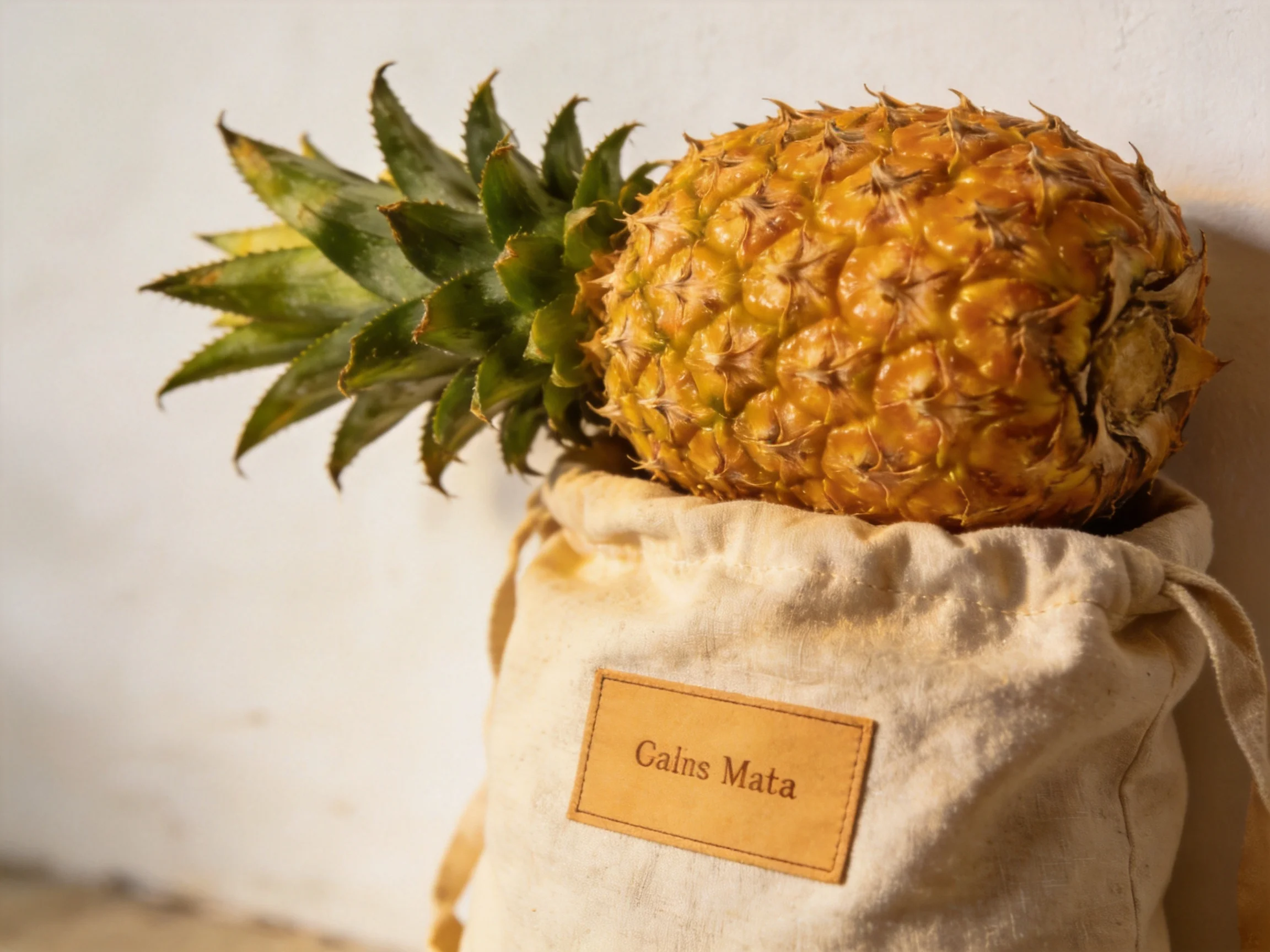 A golden pineapple rests in a beige fabric bag labeled Gains Mata