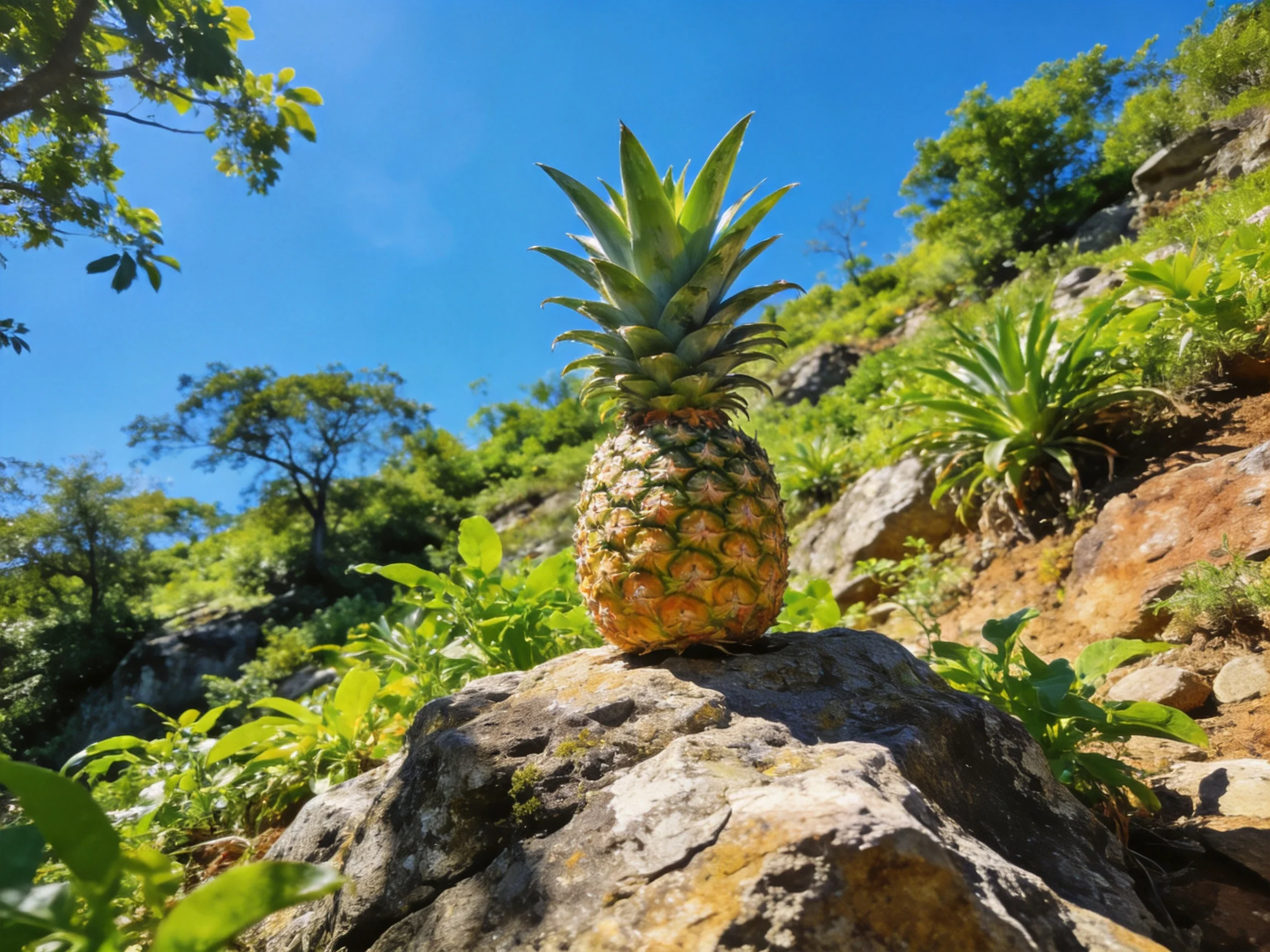A golden pineapple rests on a mossy rock amid lush greenery