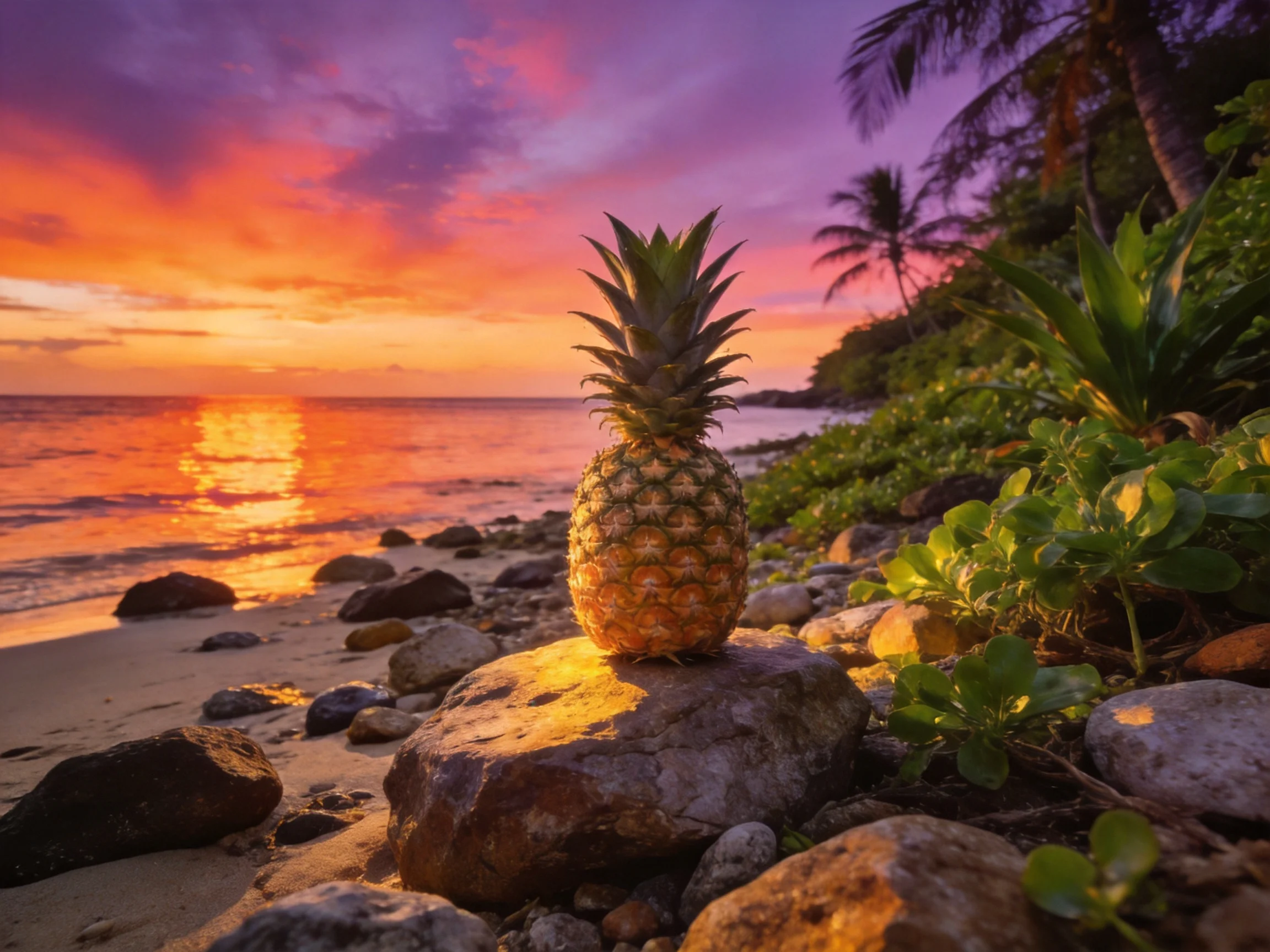 A golden pineapple sits atop a rocky beach during a vibrant sunset