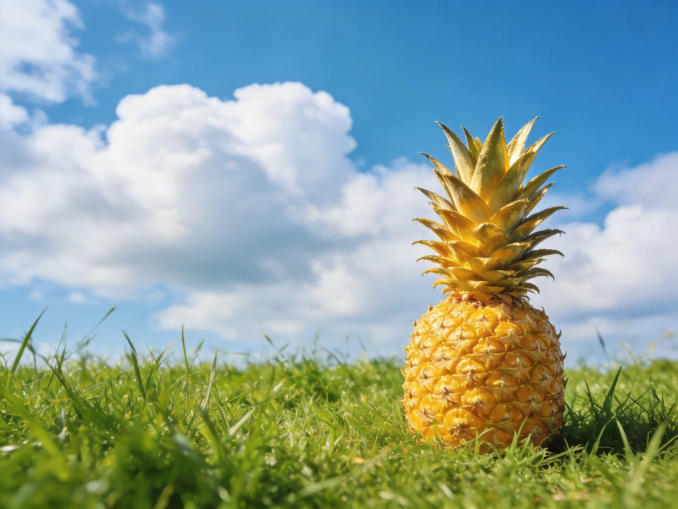 A golden pineapple sits atop lush green grass beneath a bright blue sky