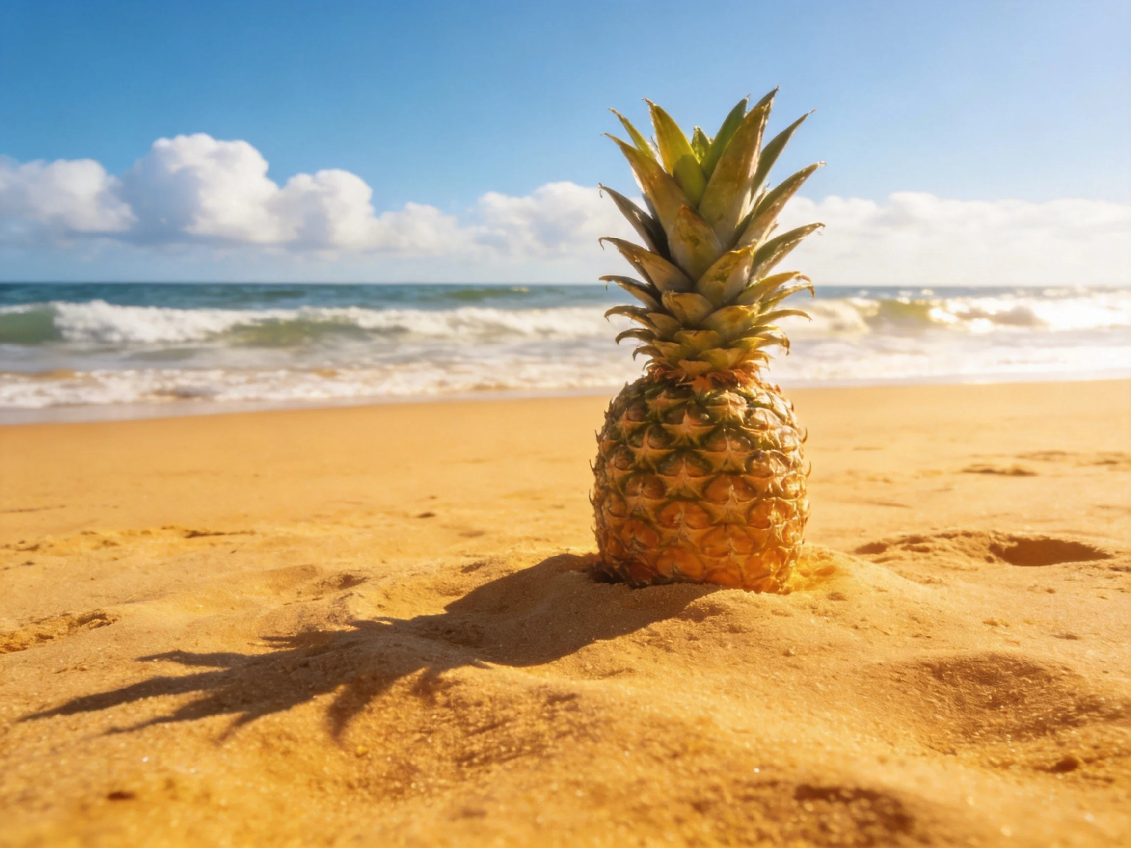 A golden pineapple sits on sun-drenched sandy beach near turquoise ocean