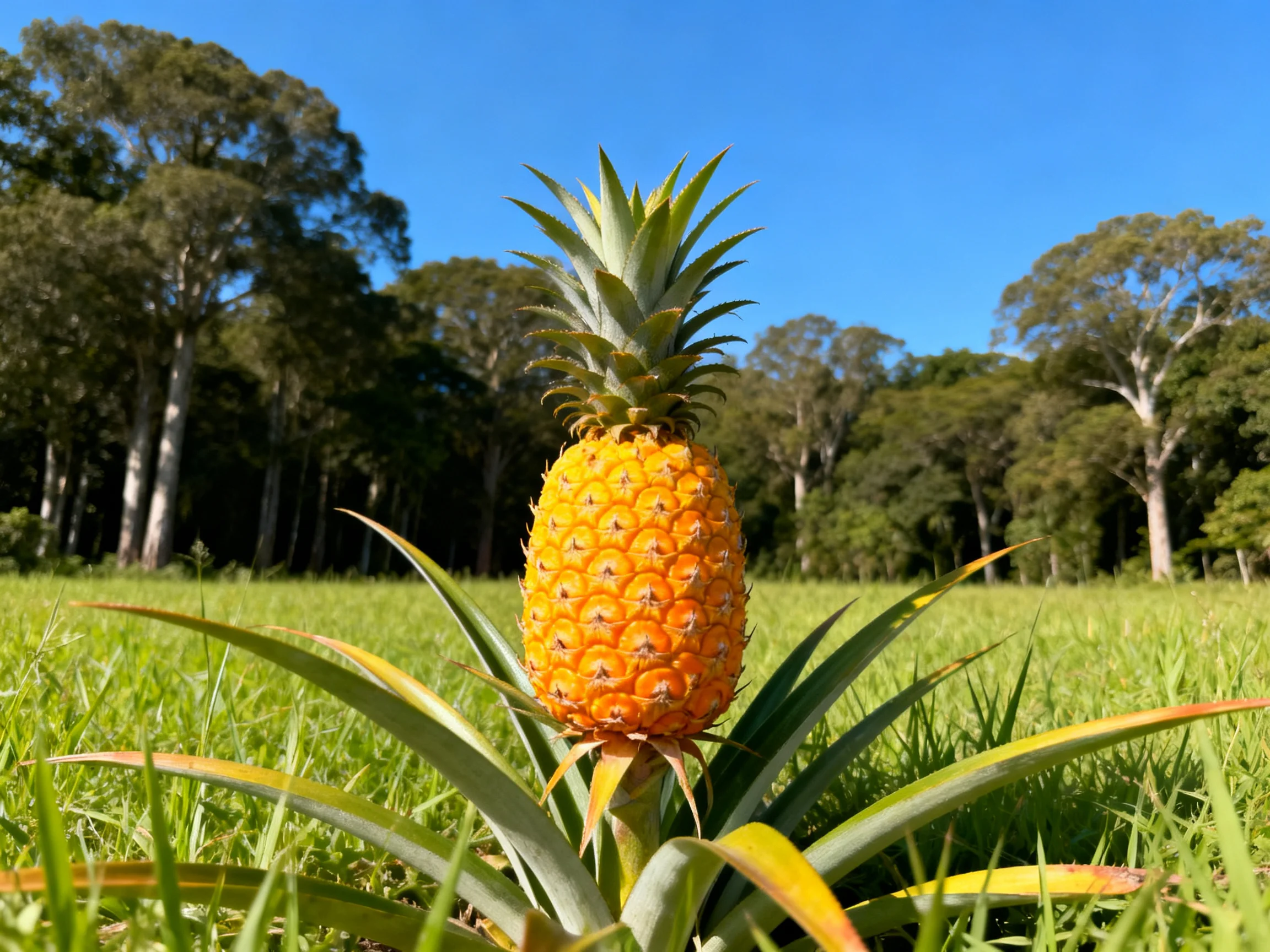 A golden pineapple stands in a sunlit grassy clearing