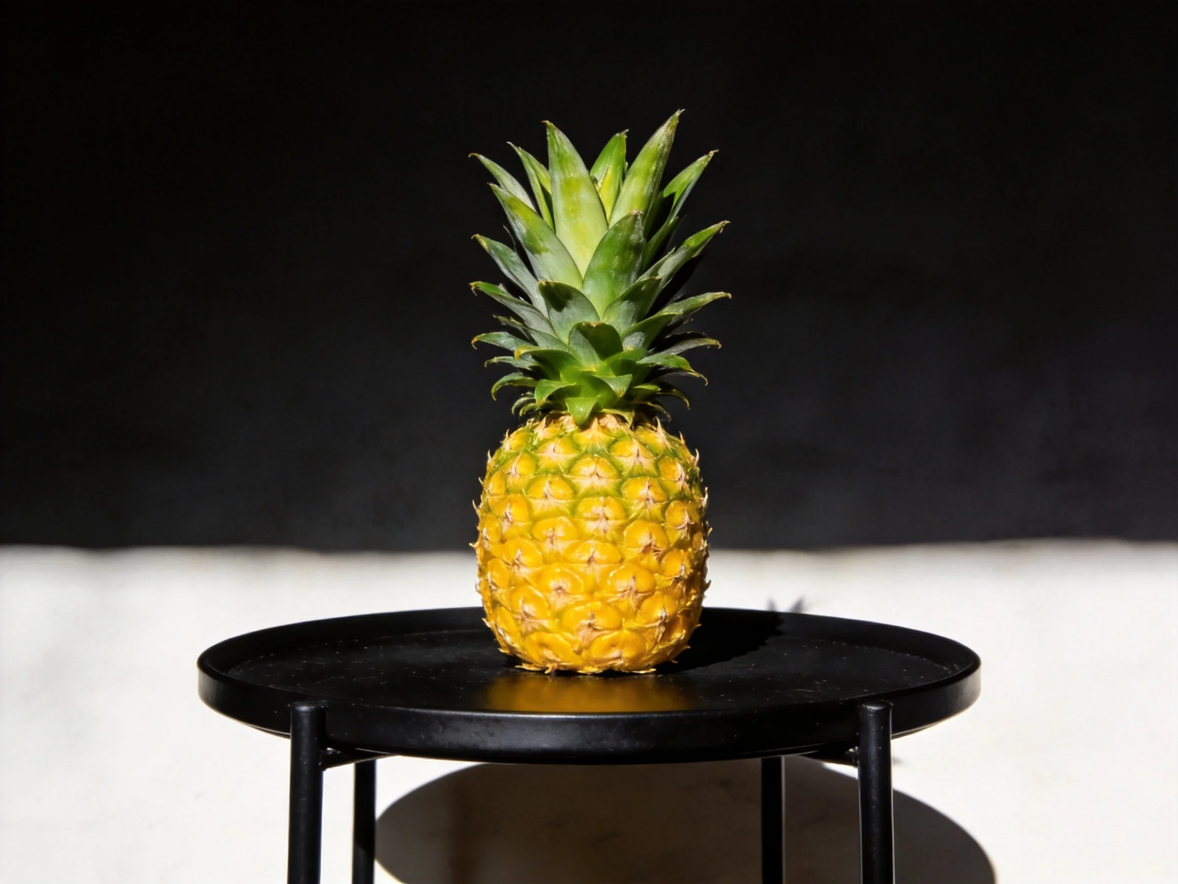 A golden pineapple with green crown sits on a black round table