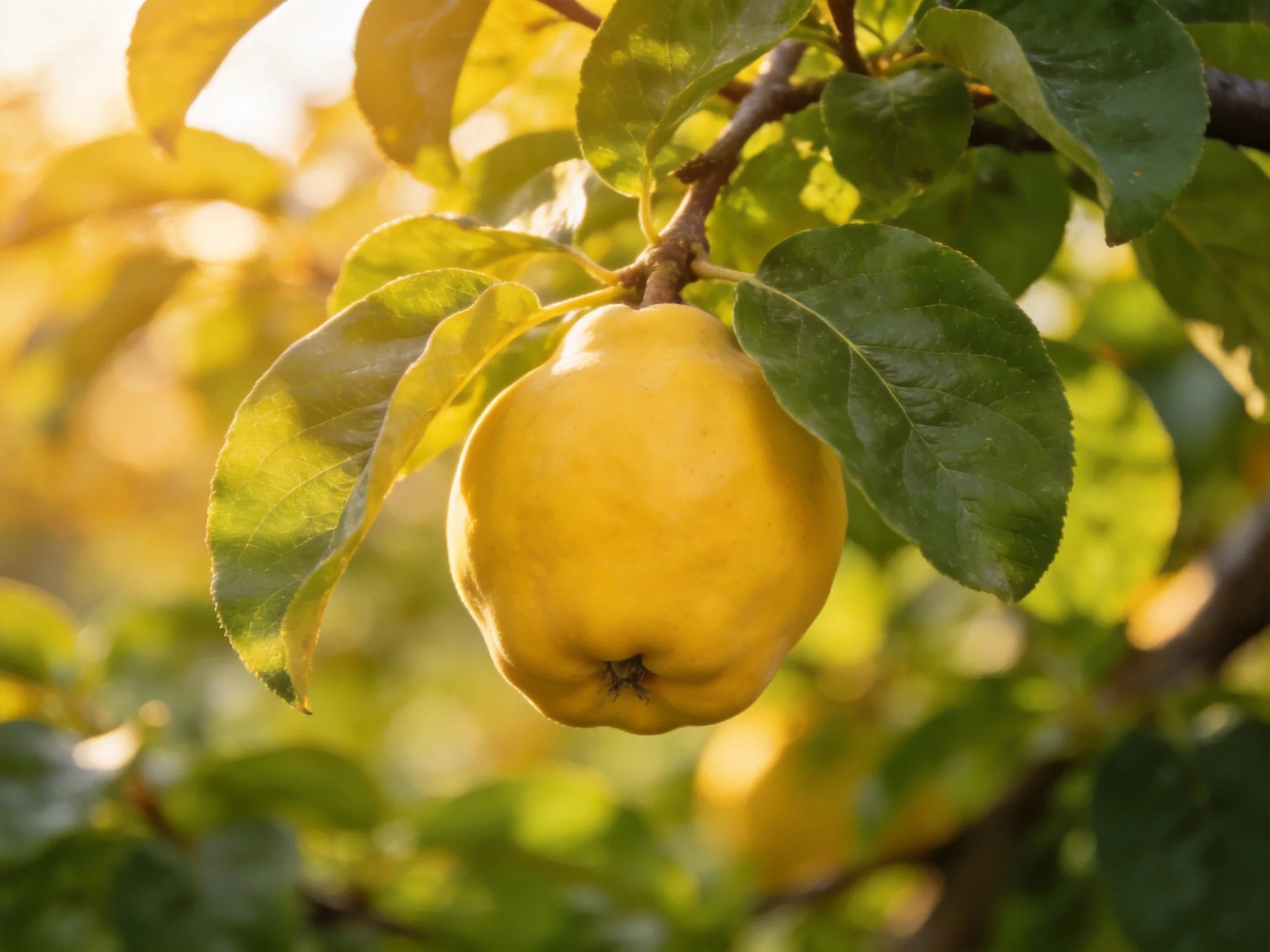 A golden quince hangs from a tree branch amid lush green foliage