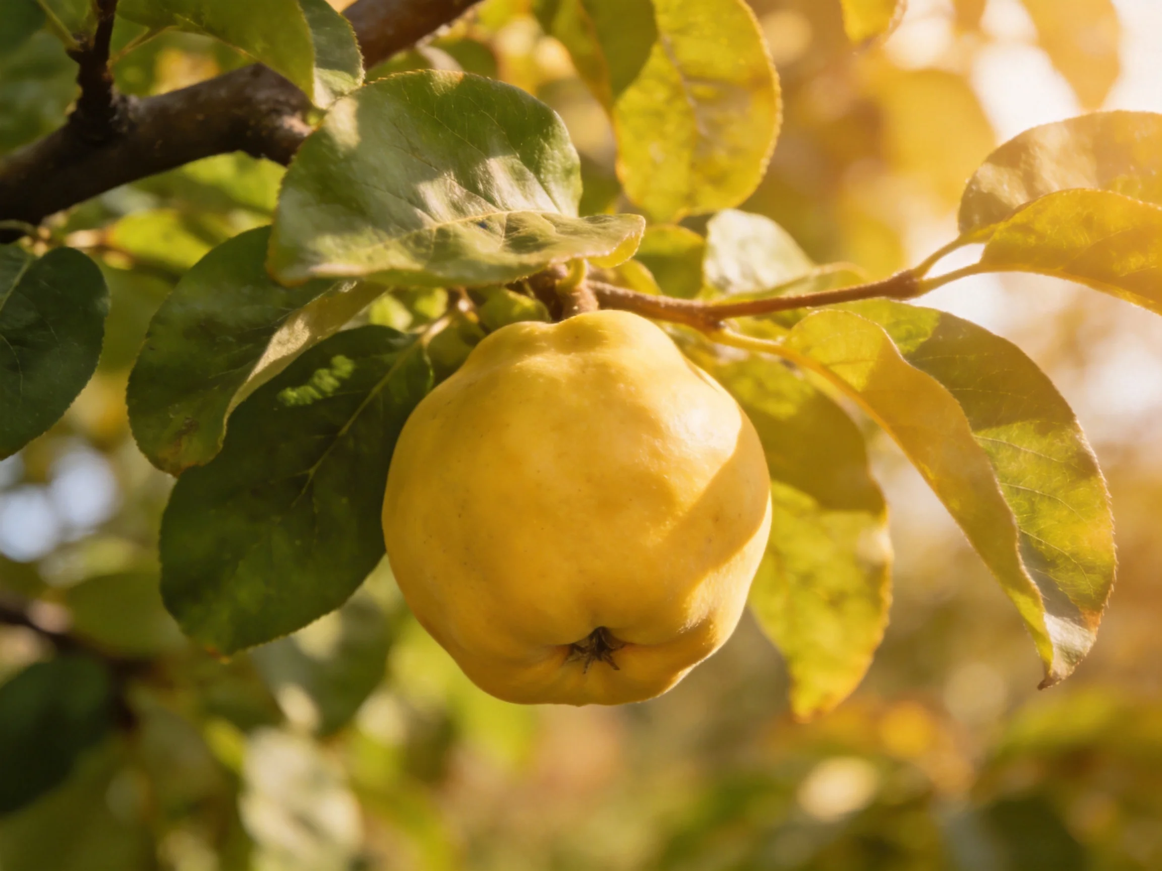 A golden quince hangs from a tree branch with green leaves in sunlight
