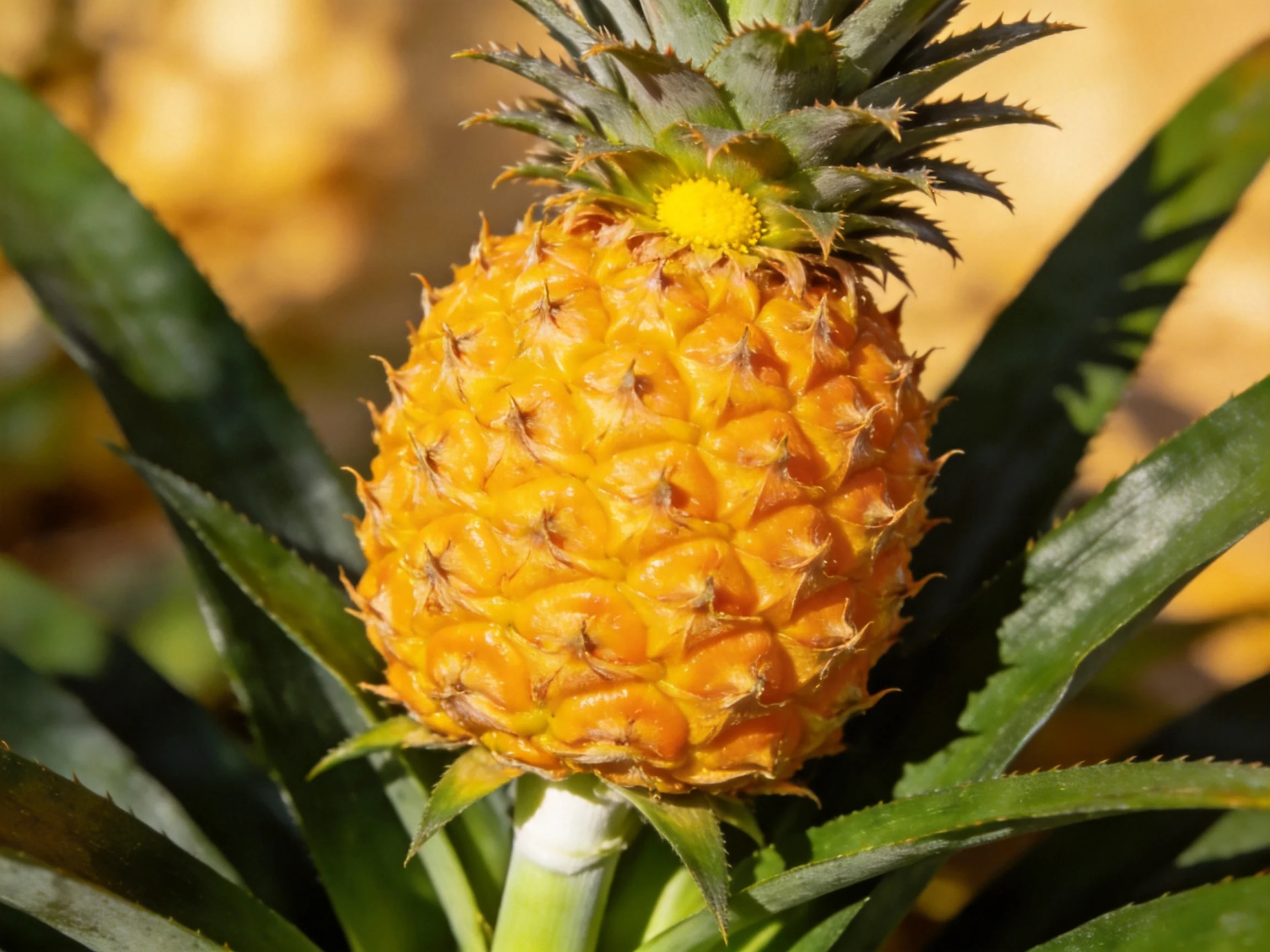 A golden ripe pineapple with spiky green crown and broad leaves