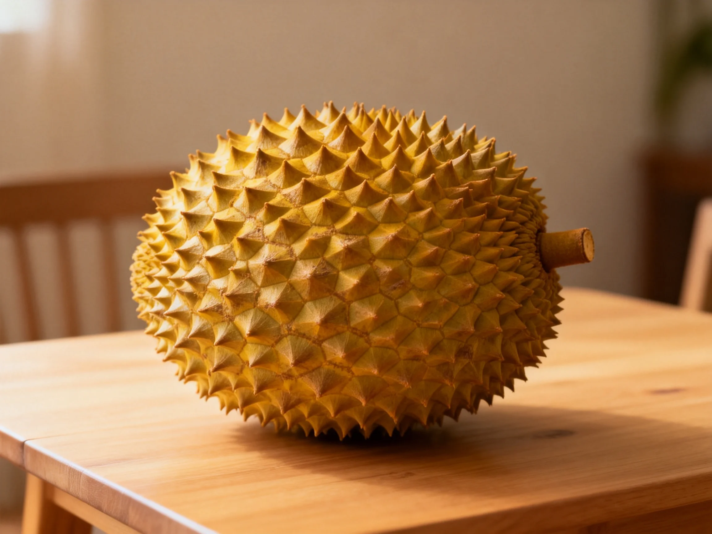 A golden spiky durian rests on a wooden table