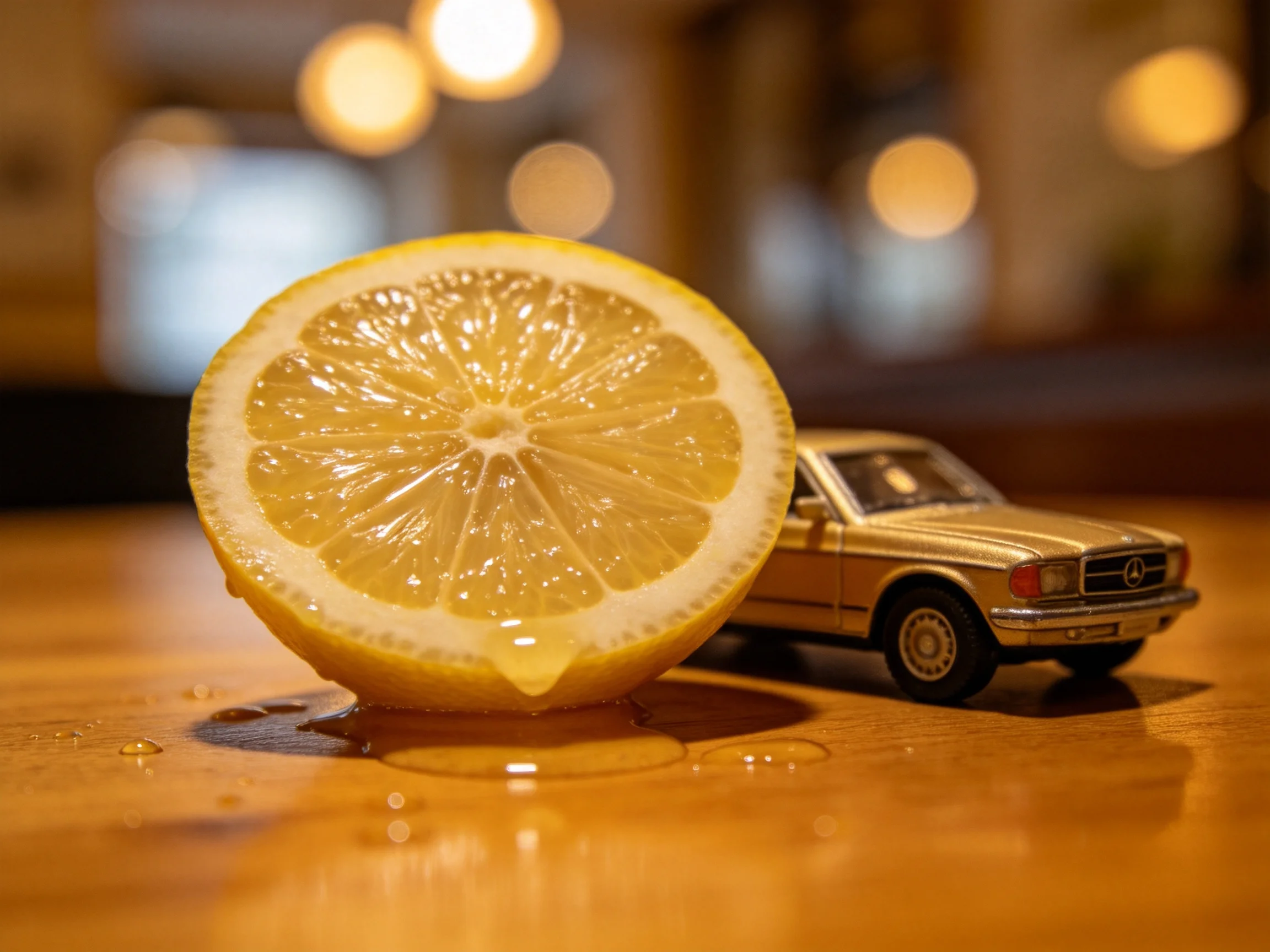 A golden toy car beside a juicy yellow lemon slice on a wooden table