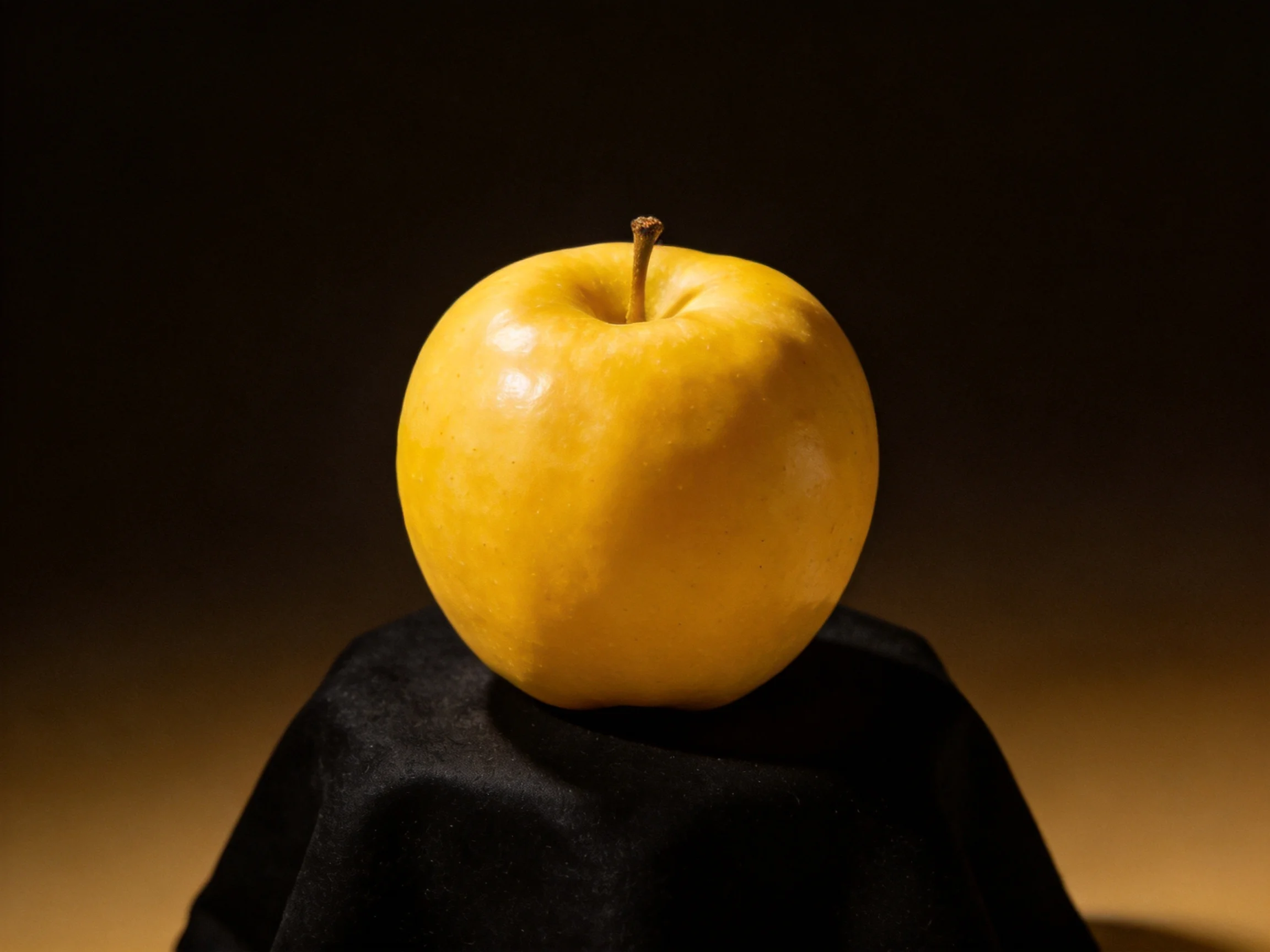A golden-yellow apple sits atop a black fabric display.