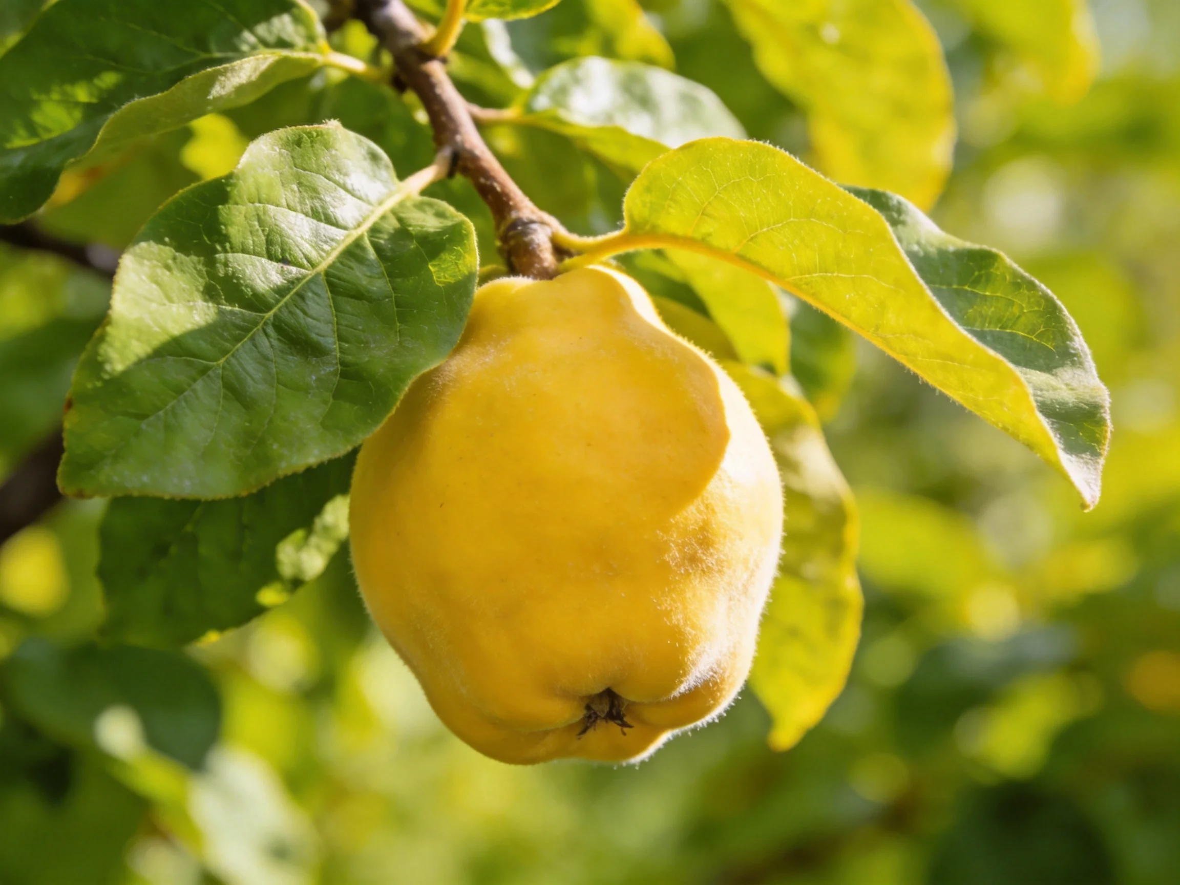 A golden-yellow quince hangs from a leafy tree branch