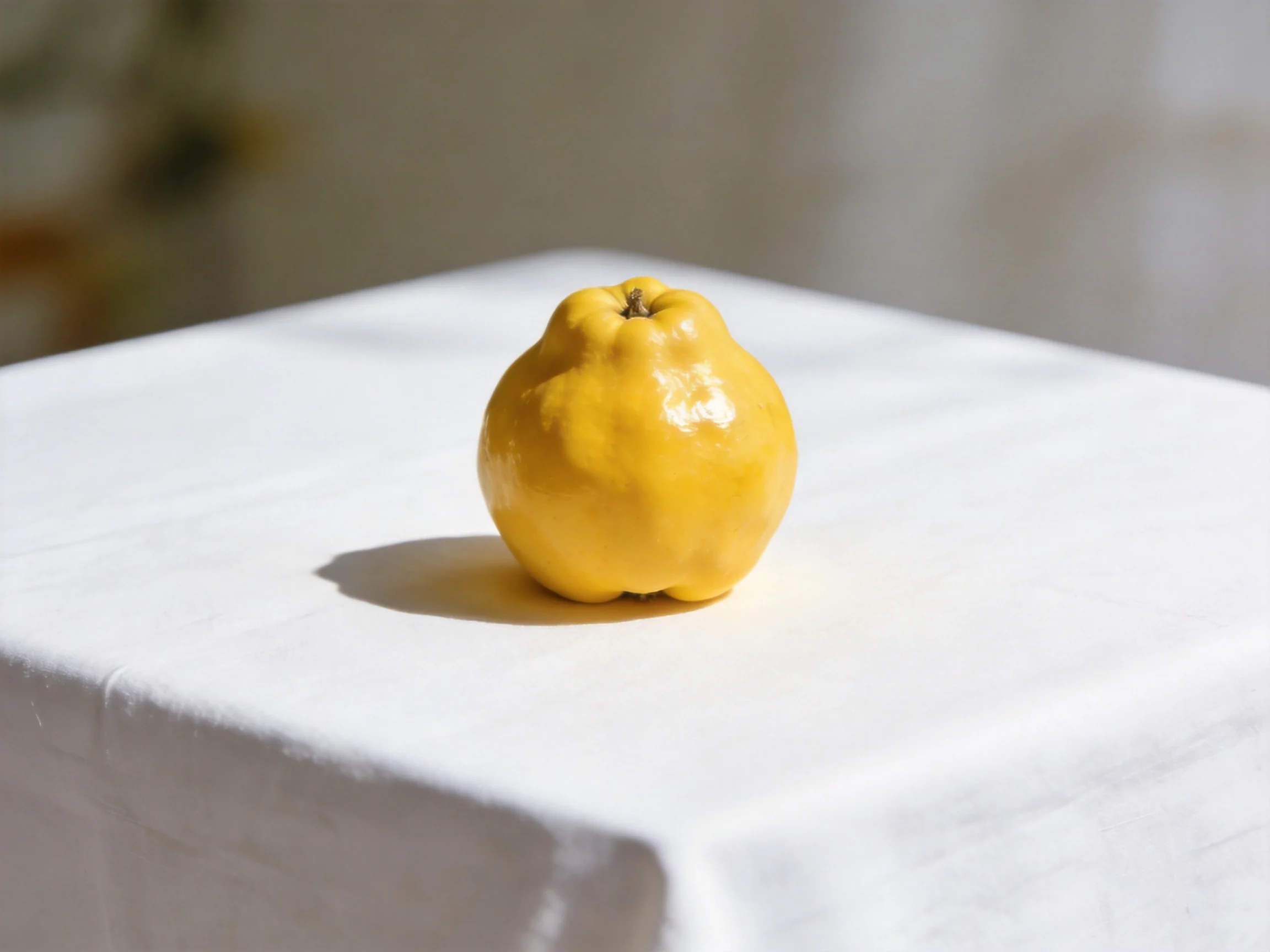 A golden-yellow quince rests on a smooth white fabric surface